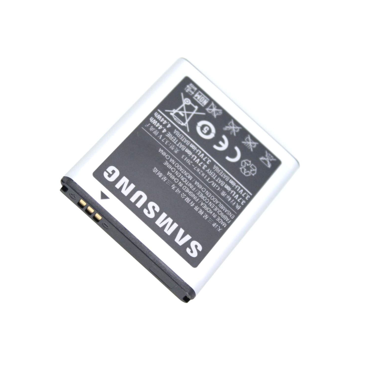 Schwarzer Samsung-Akku auf Weiß. Details und Text auf dem Akku. Goldfarbene Anschlüsse.