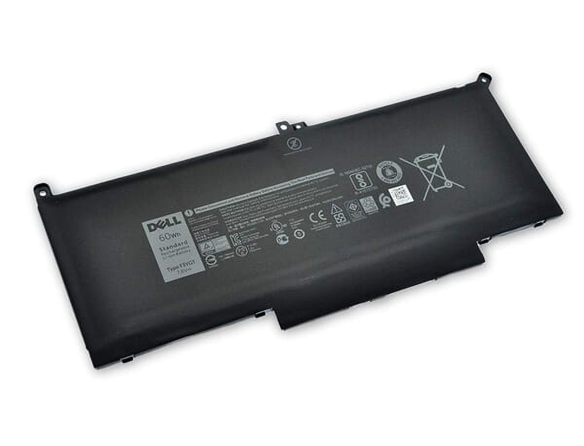 Dell Laptop-Akku. Schwarze rechteckige Form mit Etiketten und Symbolen.