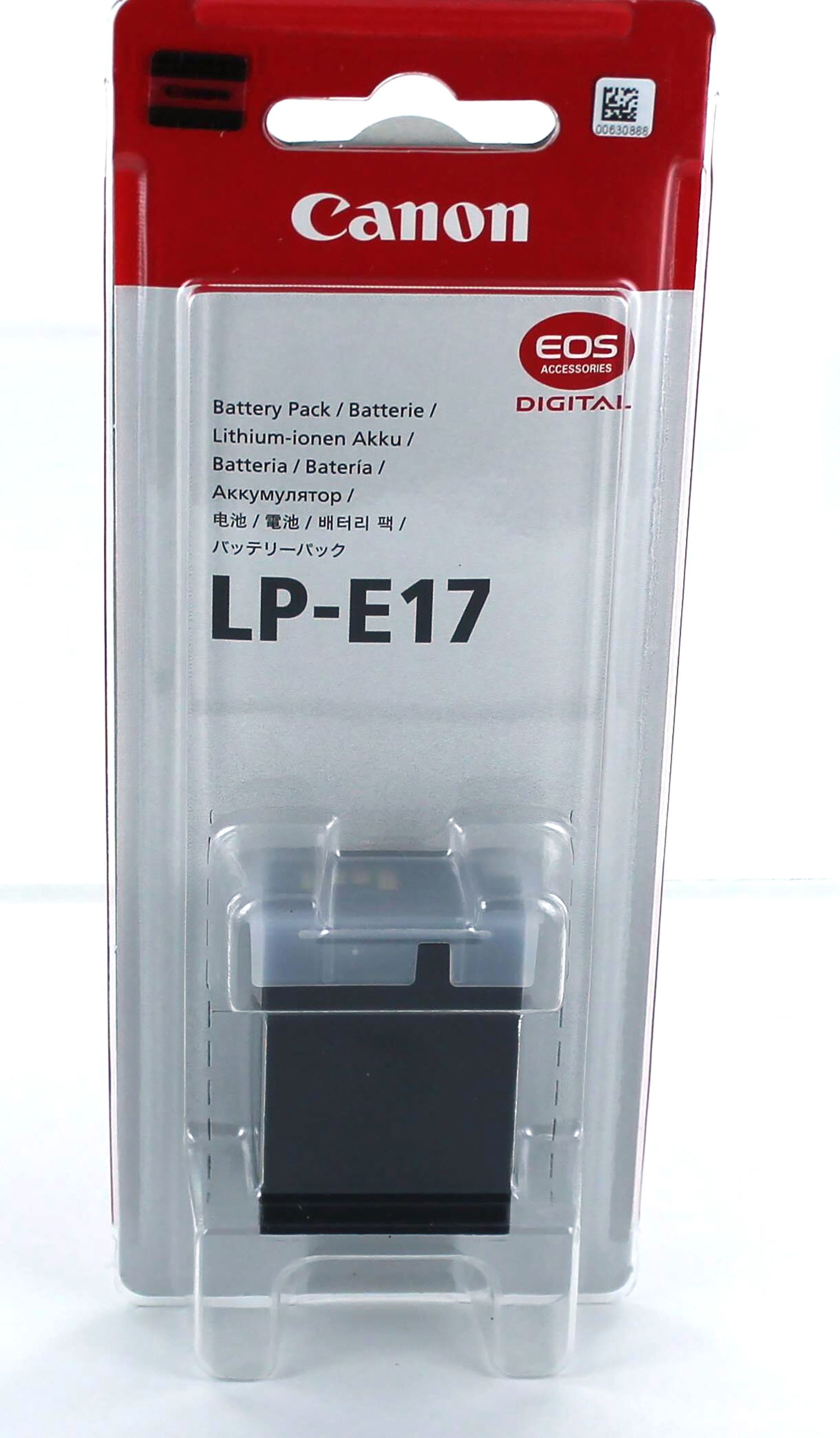Canon LP-E17 Akkusatz in Verpackung. Weiße und rote Verpackung mit Produktinformationen.