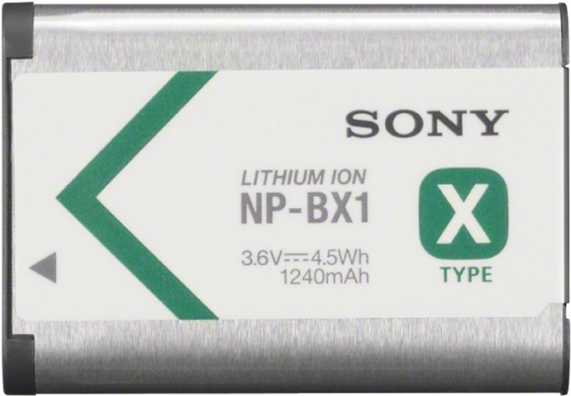 Silberne Sony-Batterie auf Weiß mit grünem Pfeildesign. Text und Details sind sichtbar.