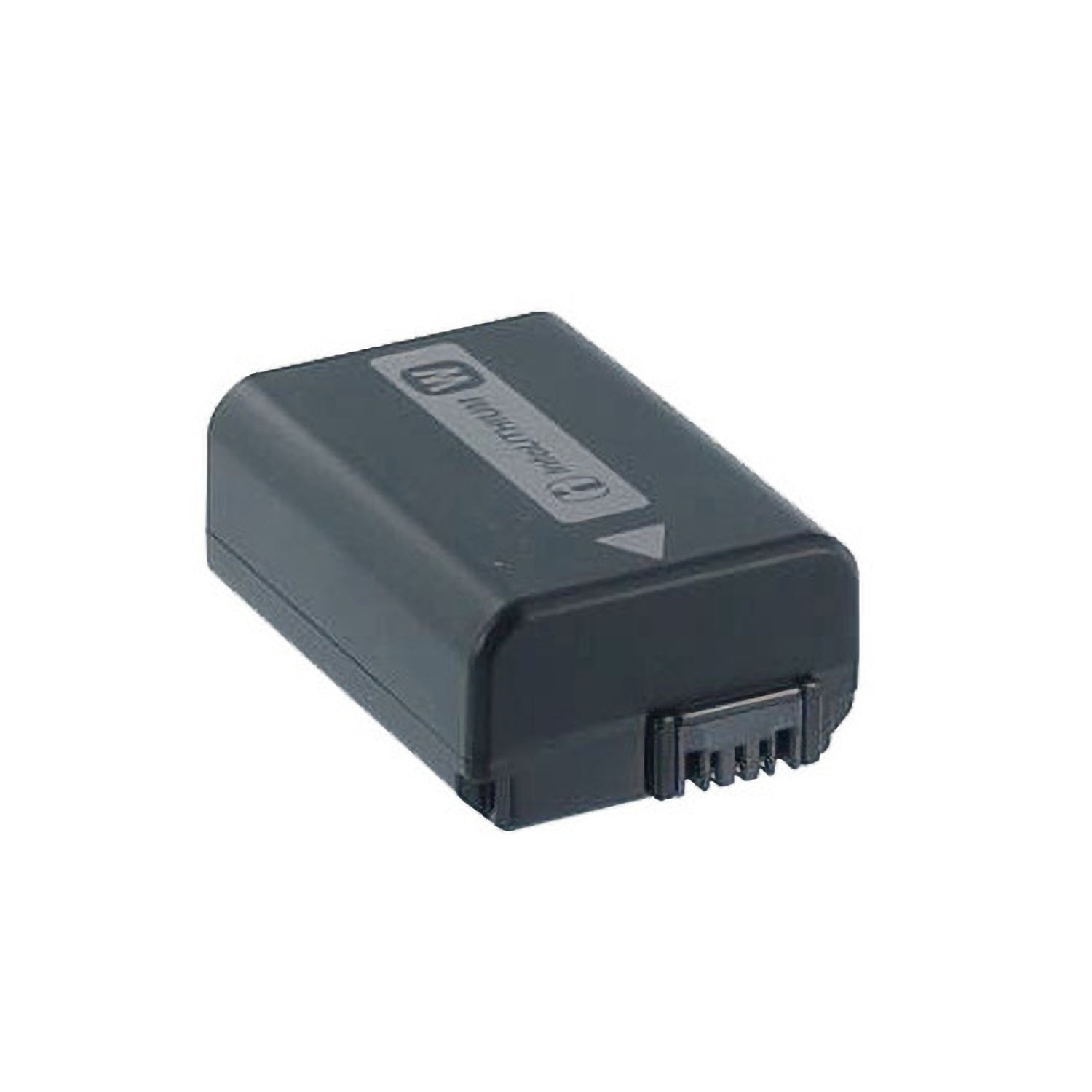 Schwarze Batterie mit Etikett. Rechteckig, klein, mit Anschluss unten.