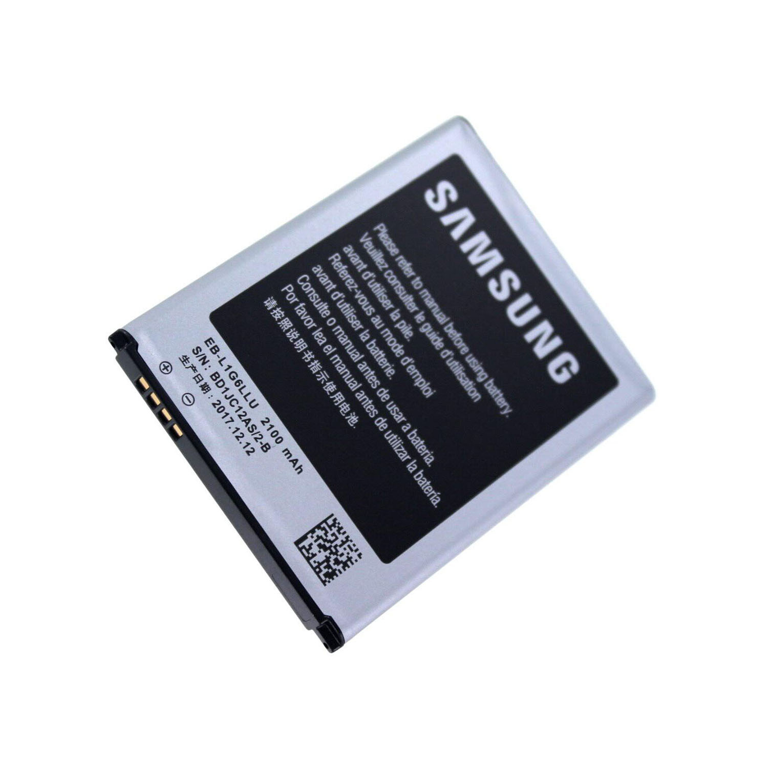 Samsung-Telefonakku mit weißem Etikett, schwarzem Text und QR-Code.