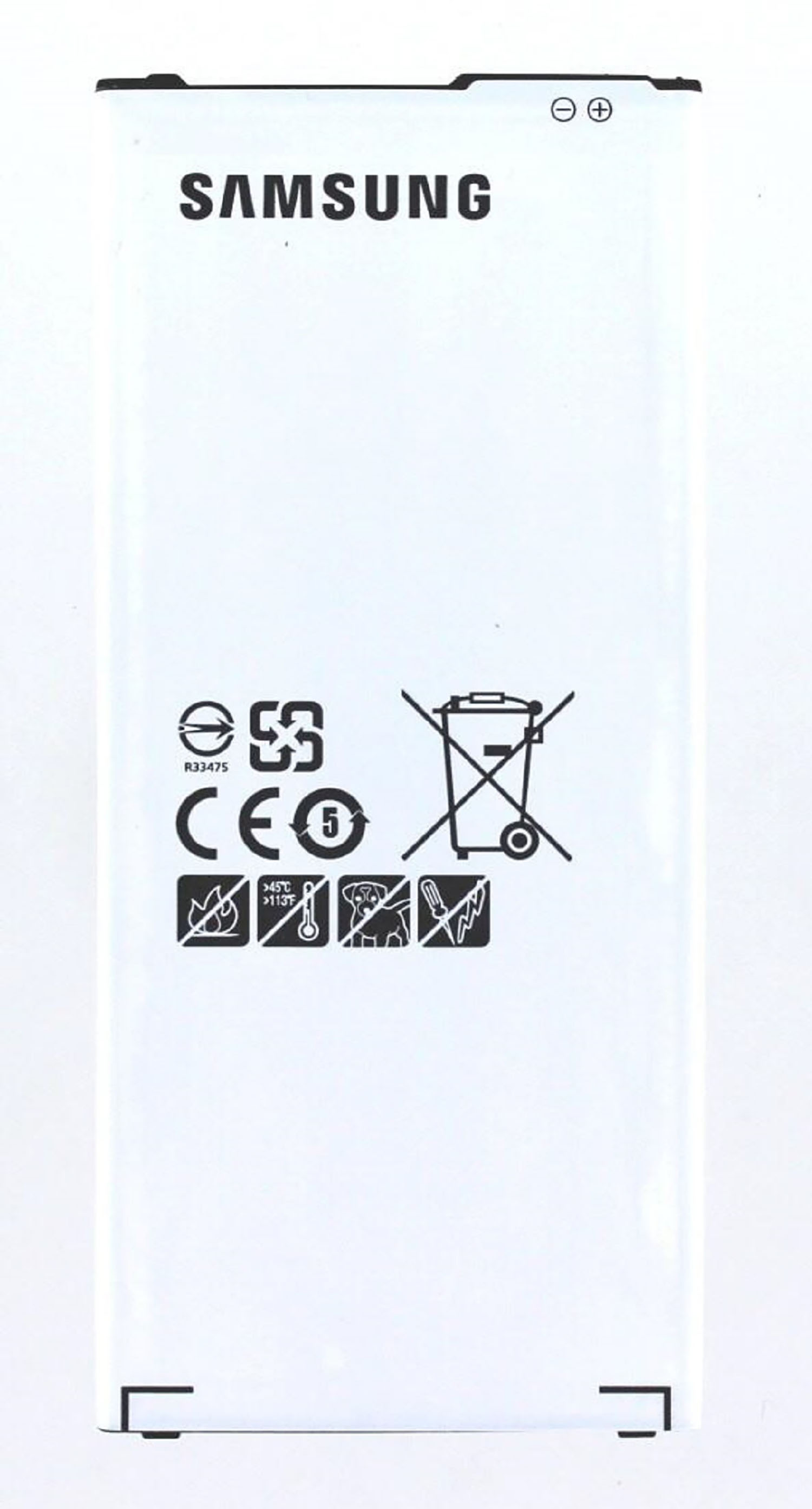 Samsung-Telefonakku mit weißer Rückseite und Text, mit Warnsymbolen.