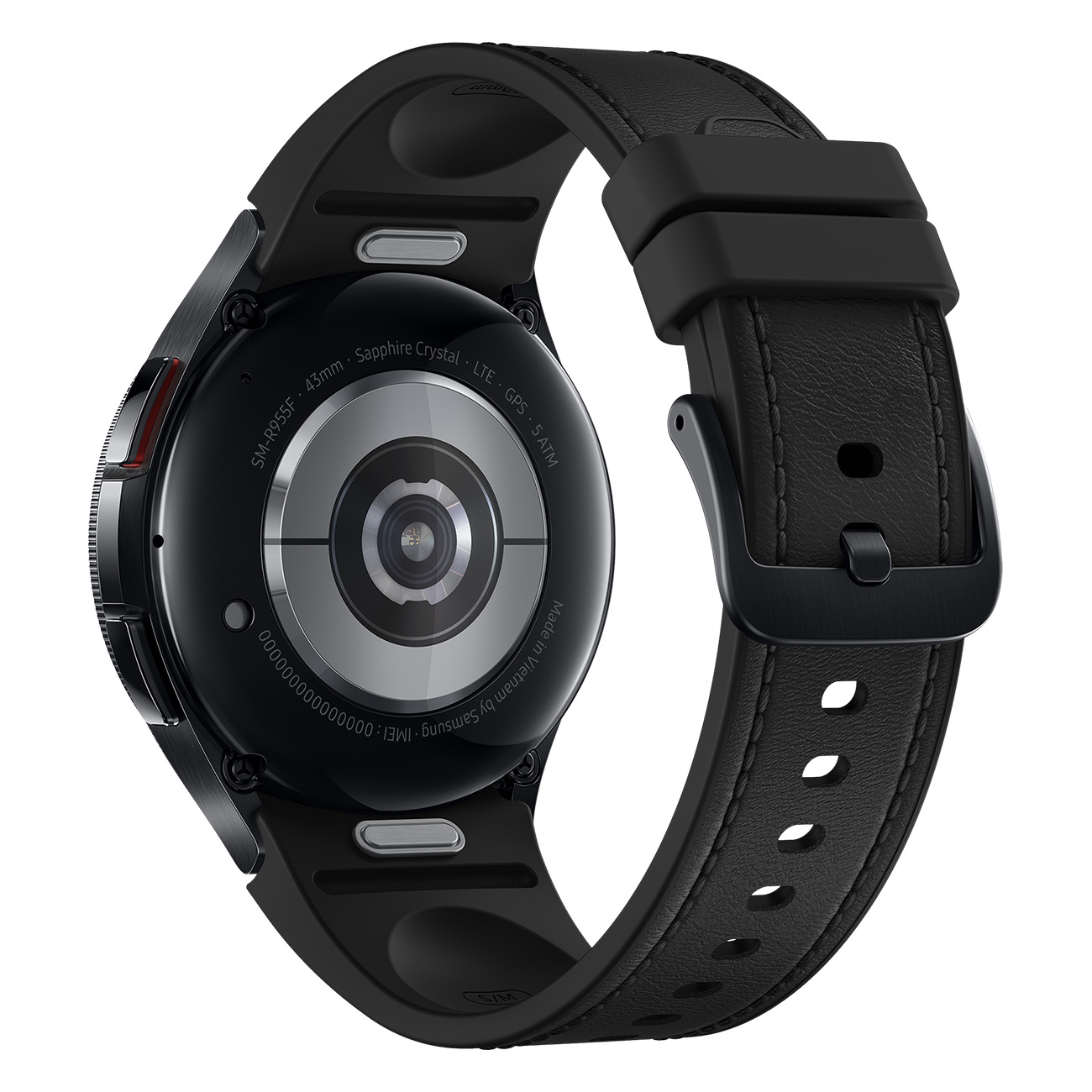 Smartwatch nero con cinturino in pelle nera. Il retro dell'orologio è visibile.
