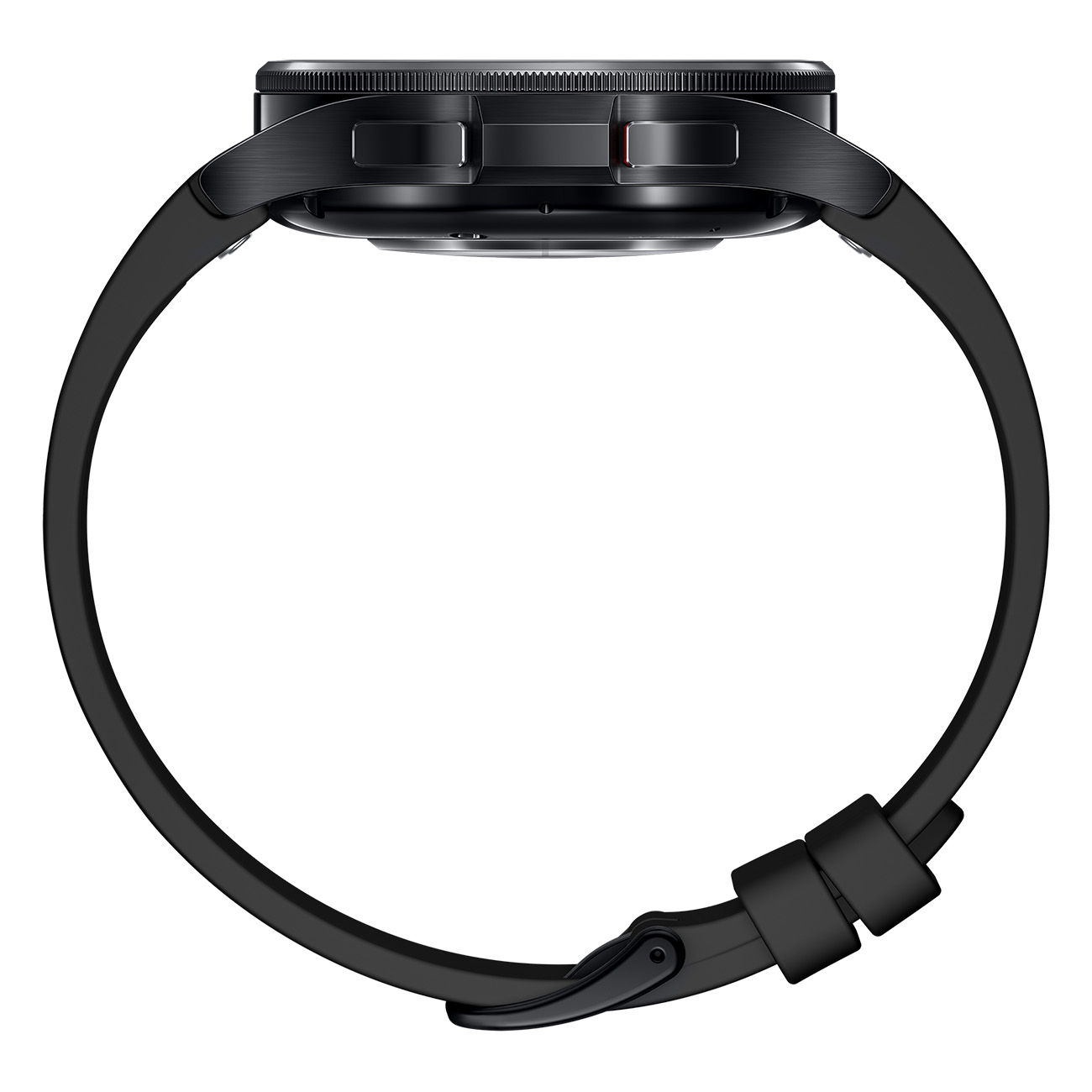 Vista laterale di uno smartwatch nero con cinturino nero. L'orologio è rotondo.