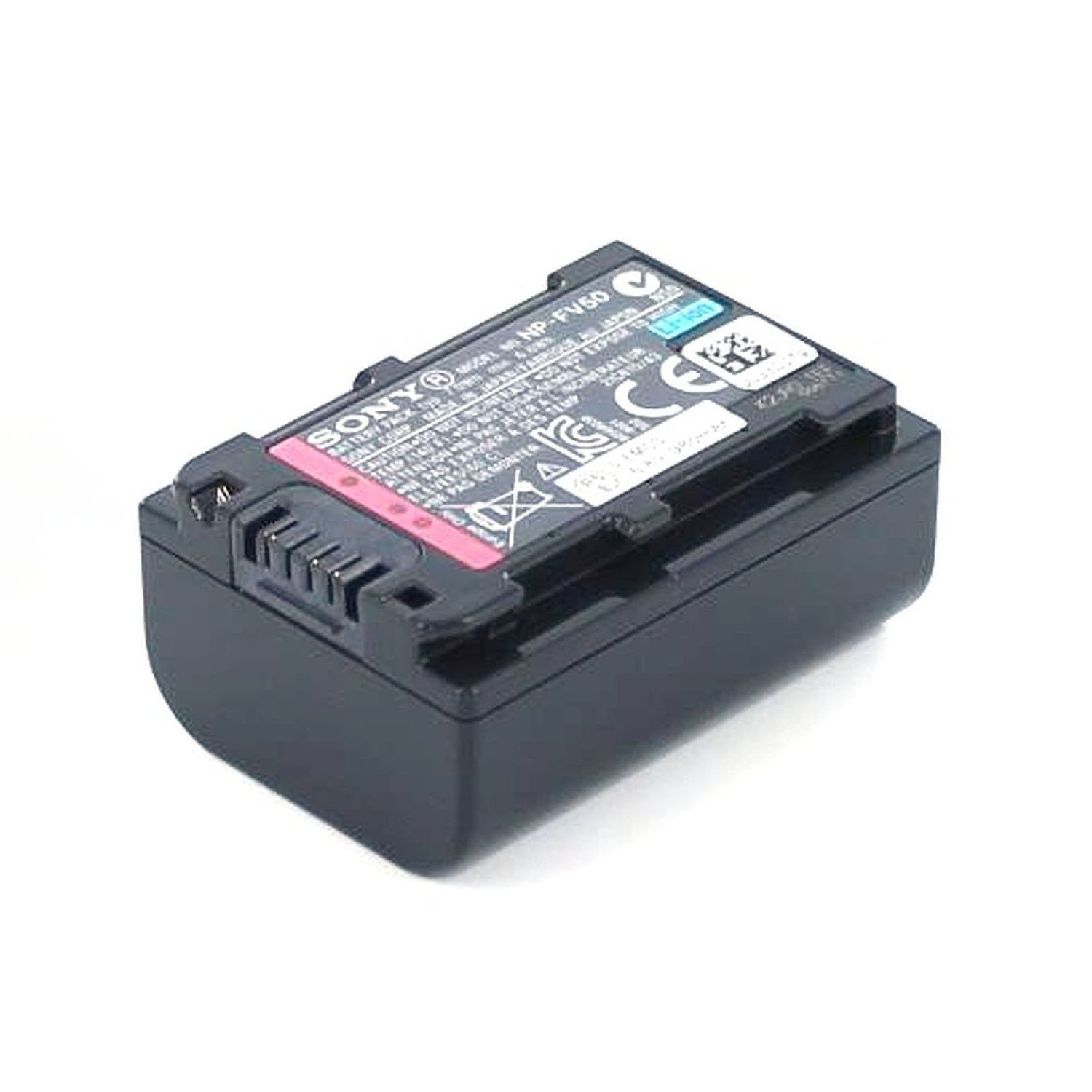 Ein schwarzer Sony NP-FV50 Akku mit Etiketten und Markierungen auf weißem Hintergrund.