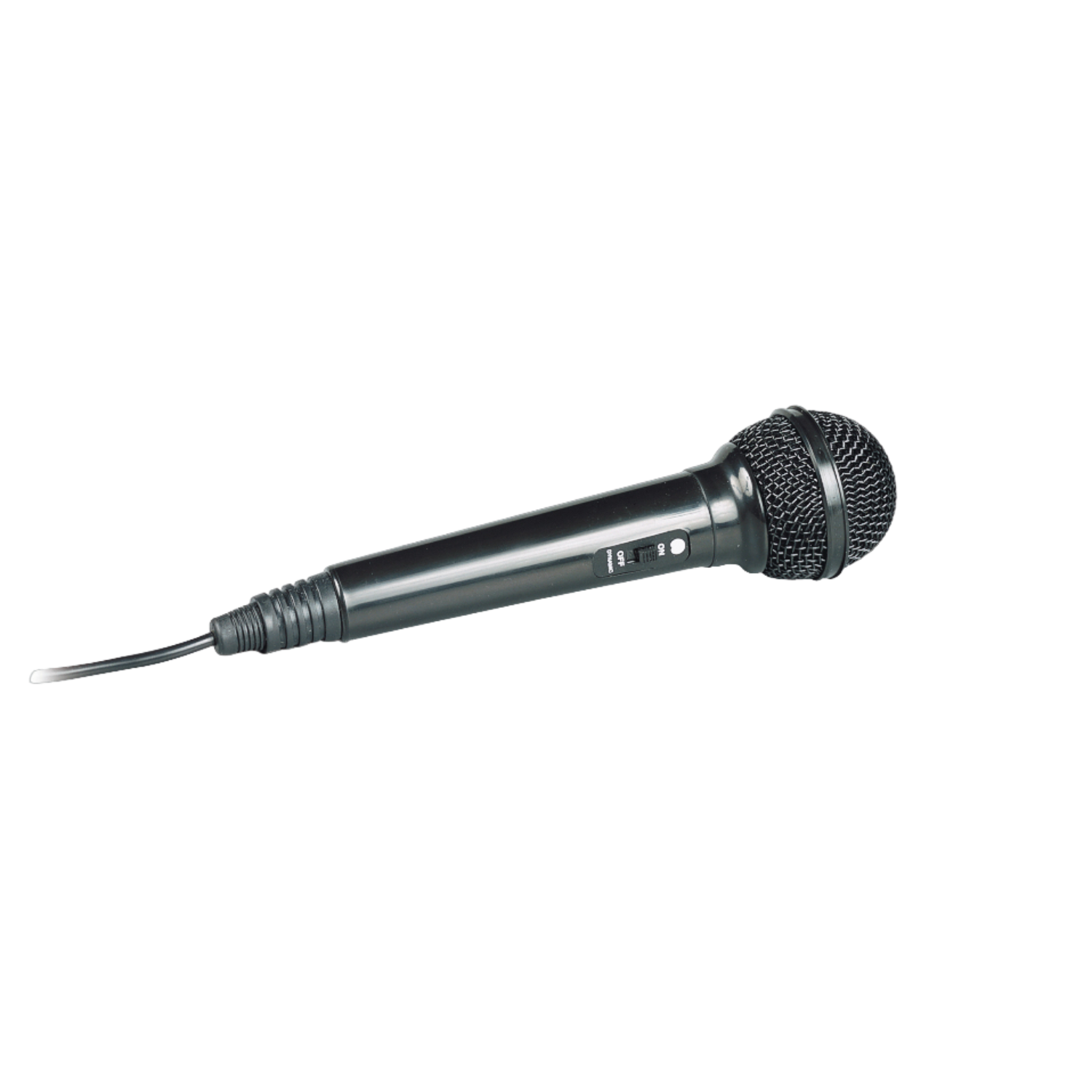 Een zwarte microfoon op een zwarte achtergrond, met een kabel eraan.