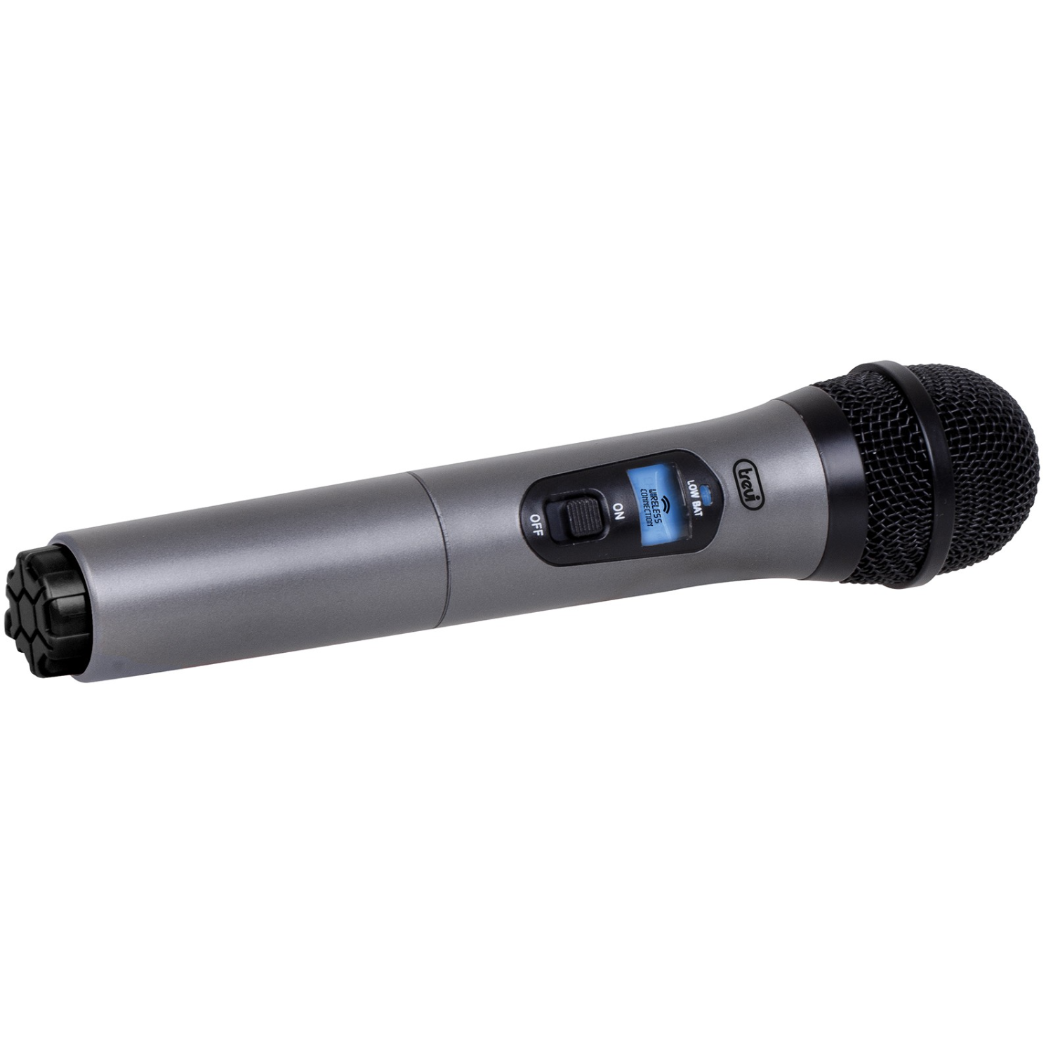 Microfono wireless grigio con testa a rete nera e interruttore on/off con display LED blu.
