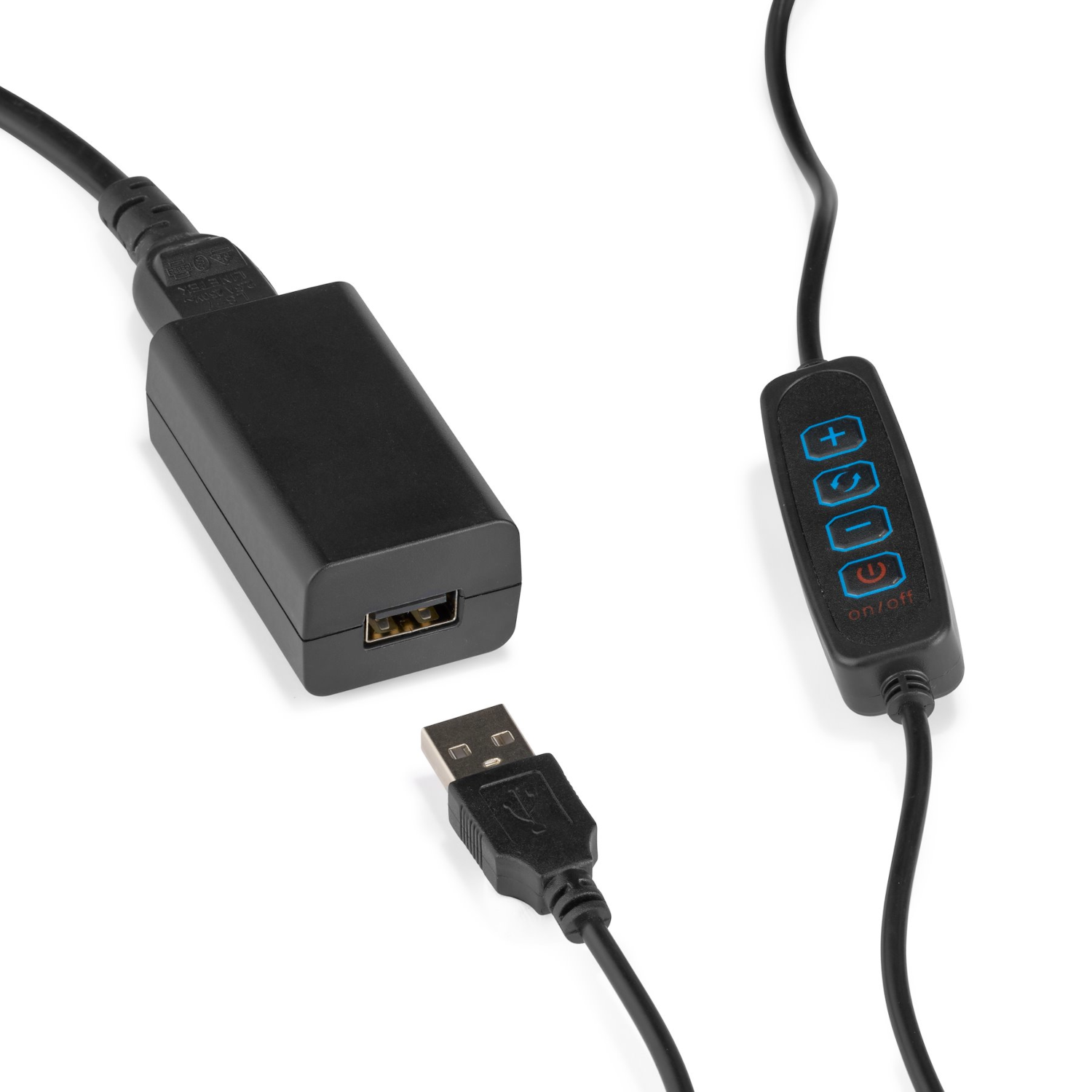 Câbles USB noirs et un module de contrôle avec des boutons. Un câble se branche sur le module.
