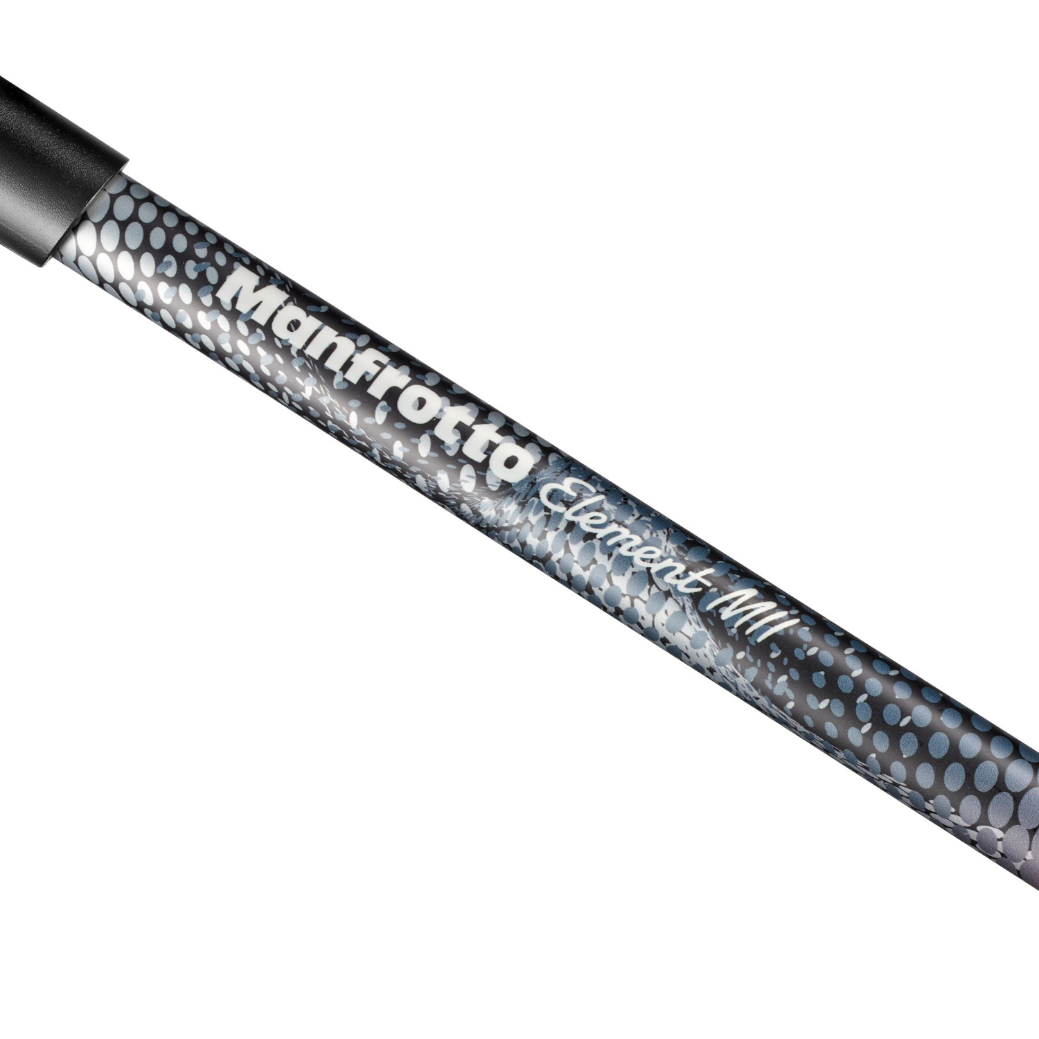 Czarna i szara noga statywu Manfrotto Element MIII, z białymi kropkami.