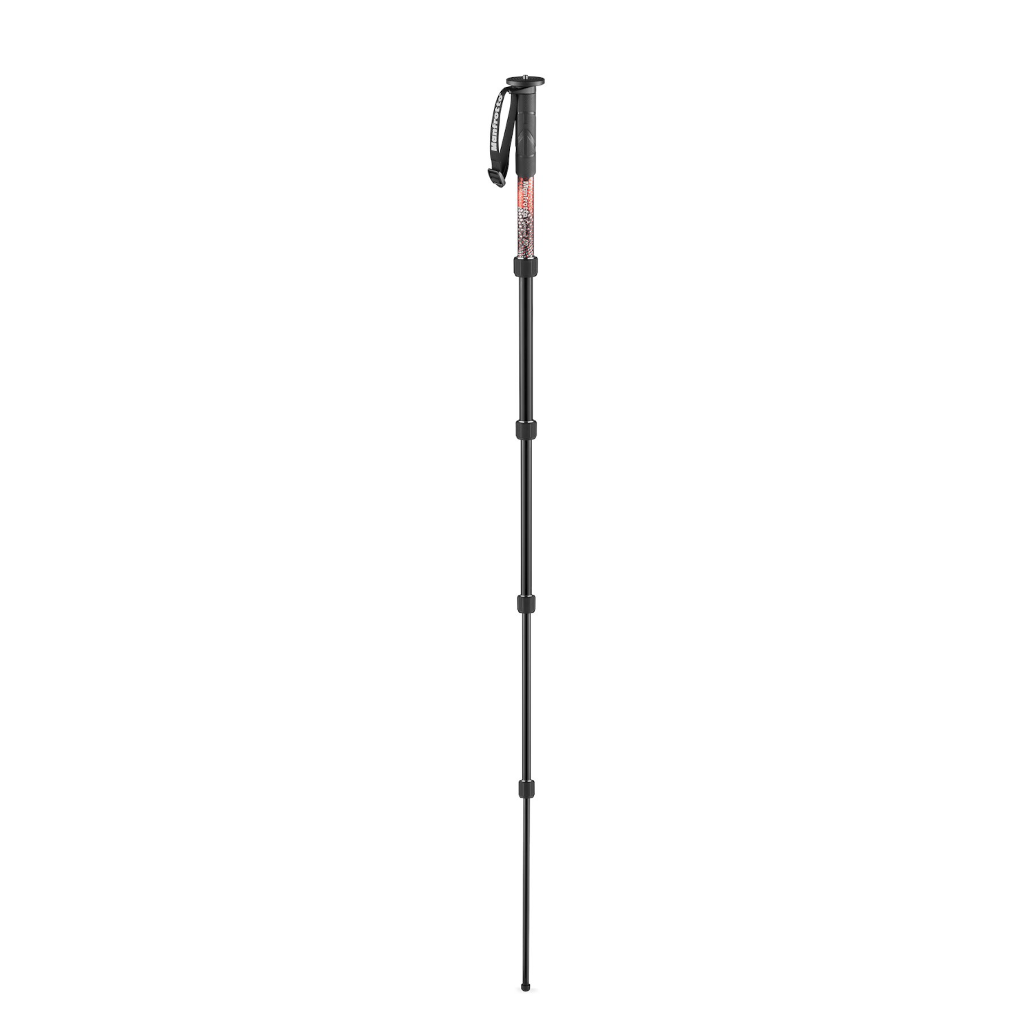 Schwarzer Trekkingstock, ausgezogen, mit Handschlaufe und rot-schwarz gemustertem Griff.