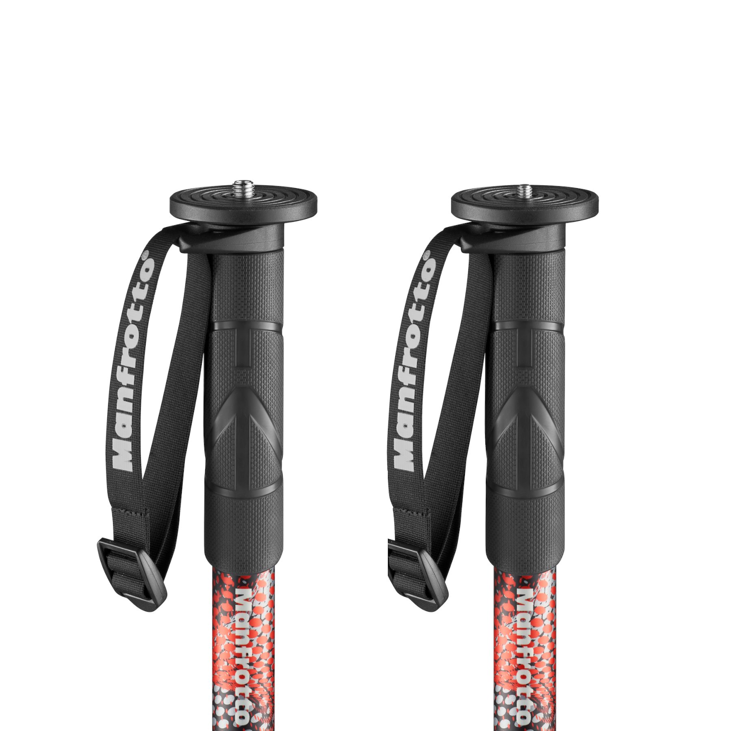 Zwei Manfrotto-Wanderstöcke mit schwarzen Griffen und Schlaufen, weißer Hintergrund.