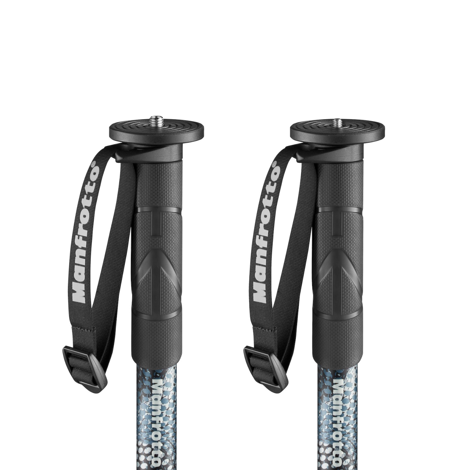 Zwei schwarze und graue Manfrotto Trekkingstöcke mit Schlaufen und sichtbarem Markennamen.
