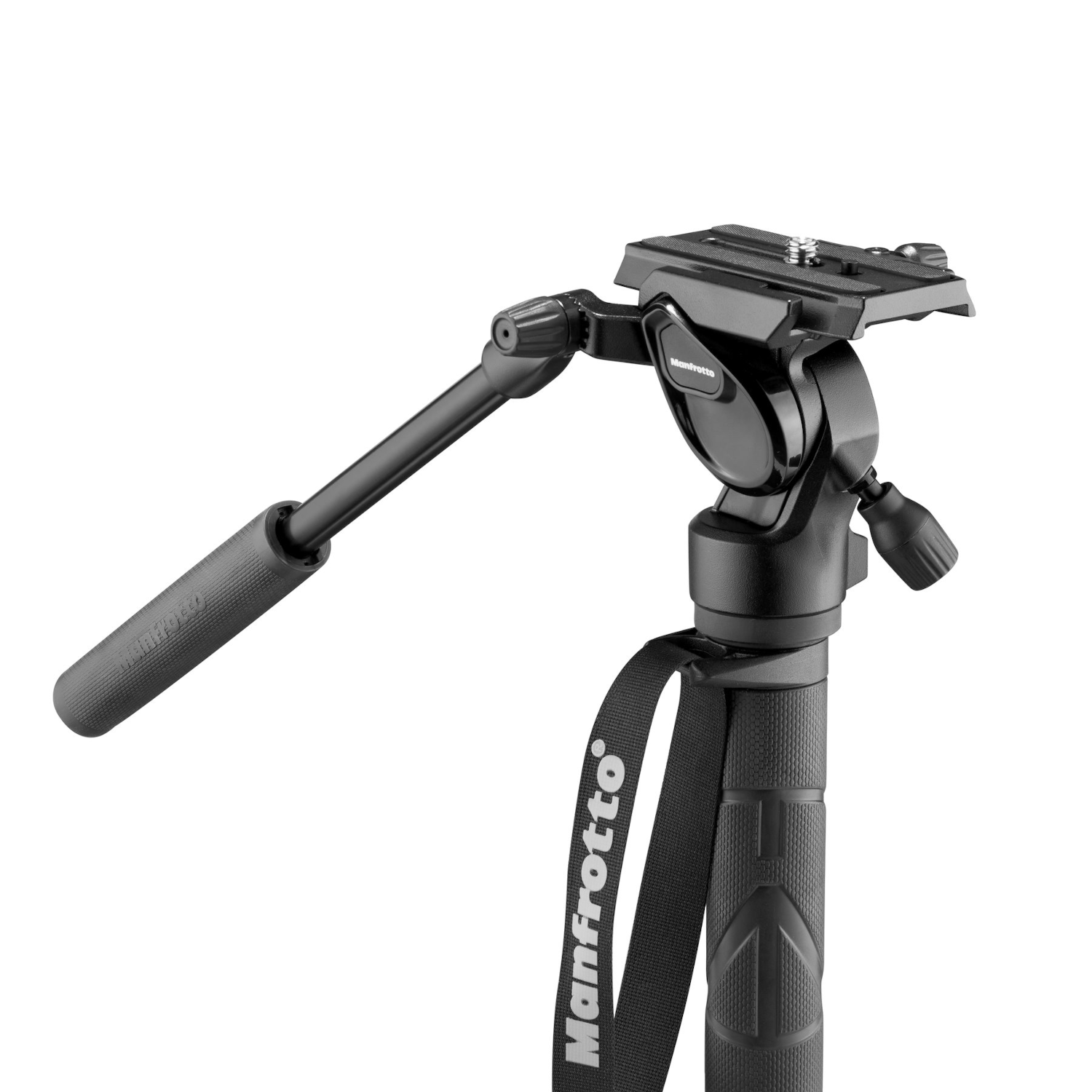 Cabezal de trípode negro con mango y logo Manfrotto. Fondo blanco. Ajustable.