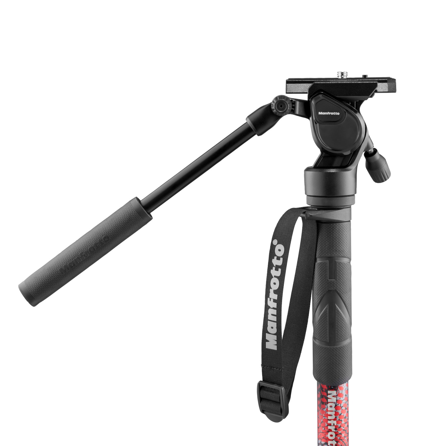 Un trípode negro y rojo con la marca Manfrotto, angulado sobre un fondo blanco.