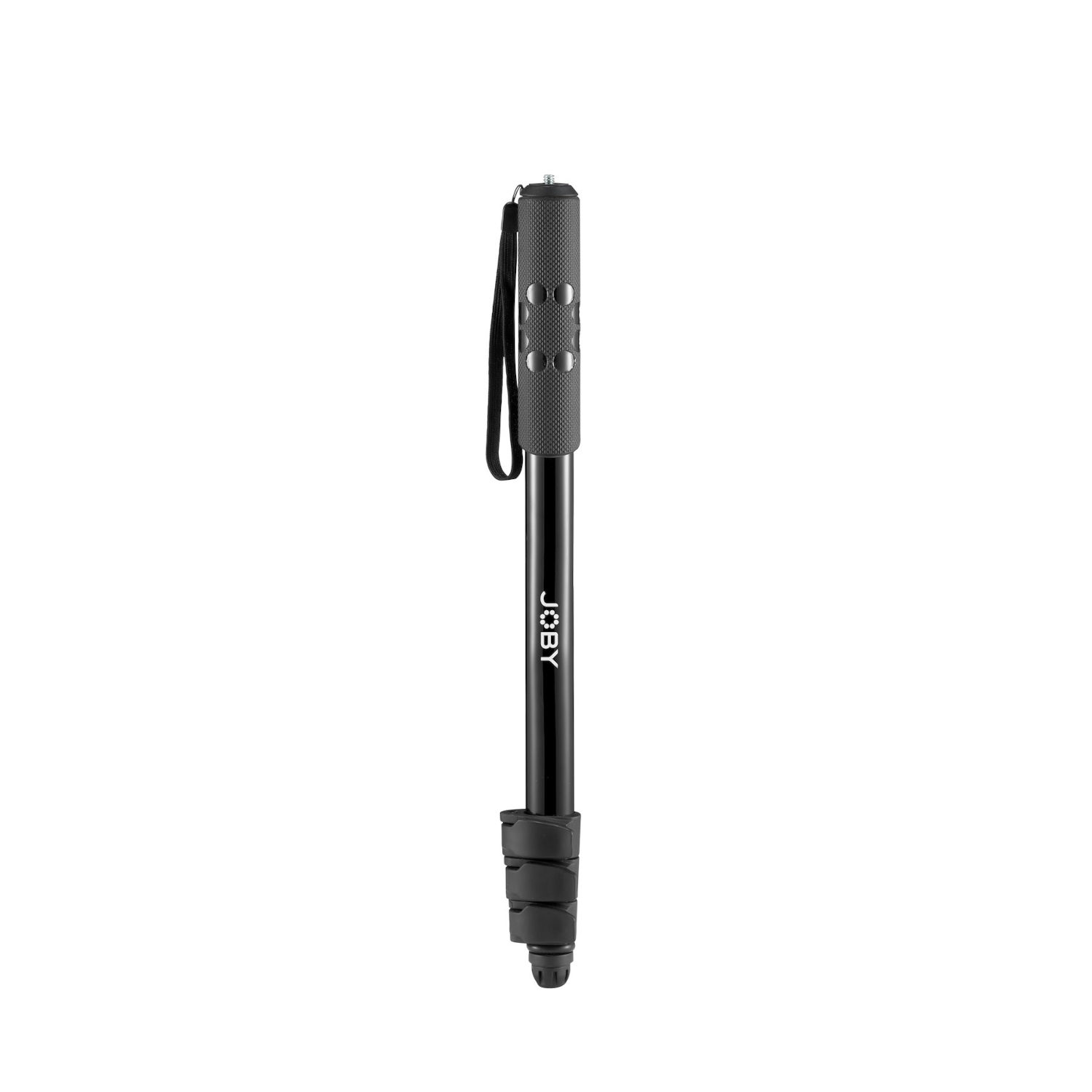 Black JOBY selfie stick, extended, with a black grip and handle.