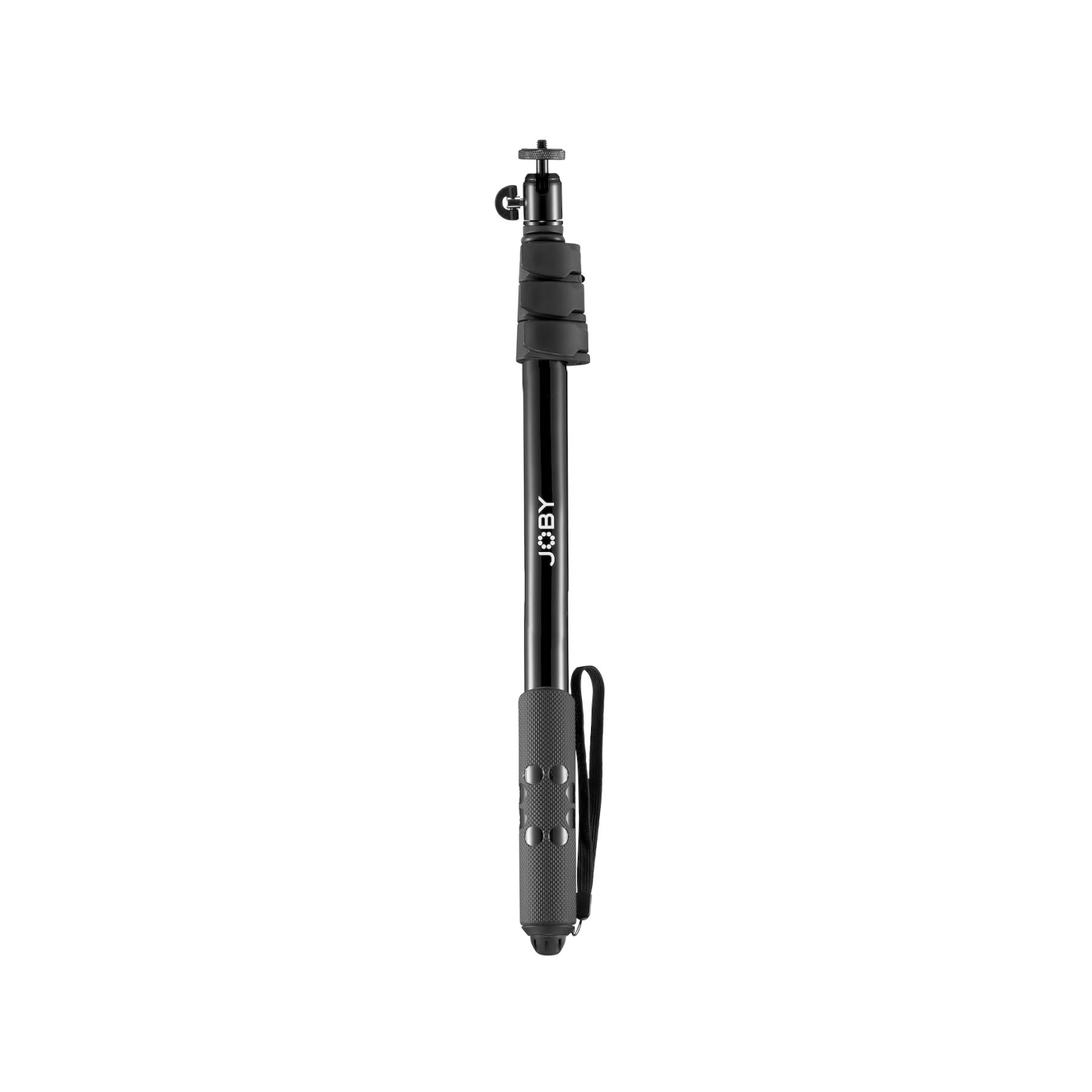 A black selfie stick extended upwards, with a black handle.