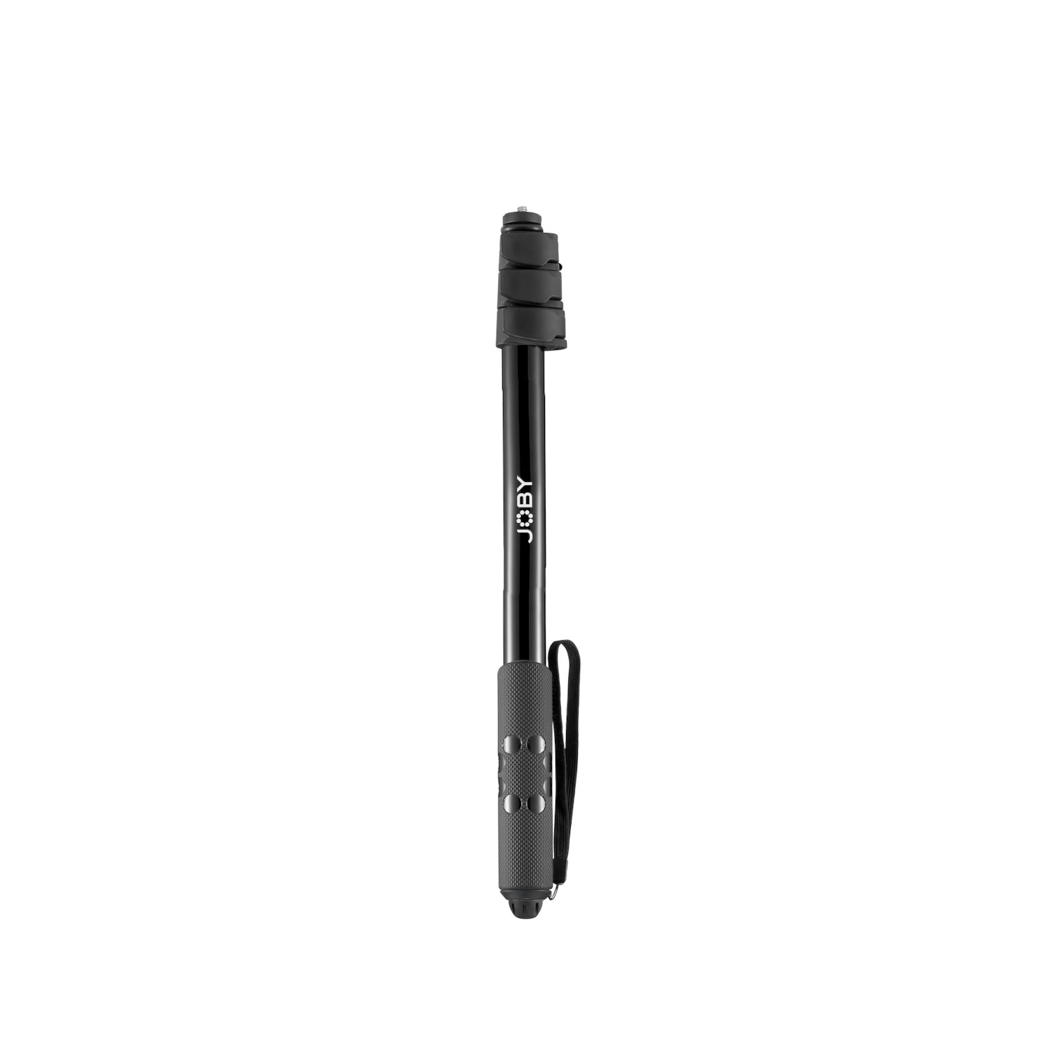 Black JOBY telescopic pole, extended, with a grip and wrist strap, against a white backdrop.