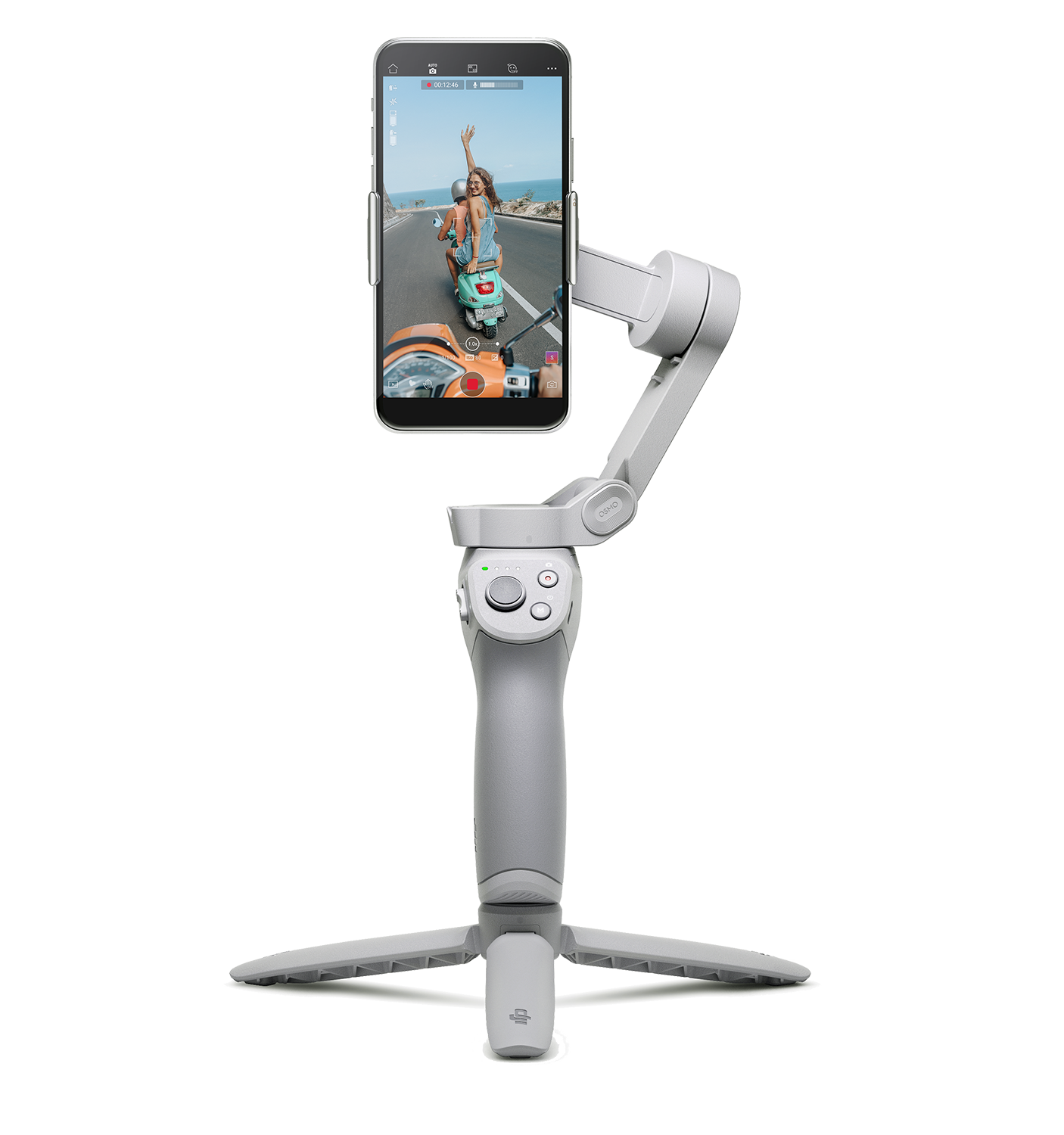 Ein grauer Telefonstabilisator, der ein Smartphone mit einem Video von Menschen auf einem Roller hält.