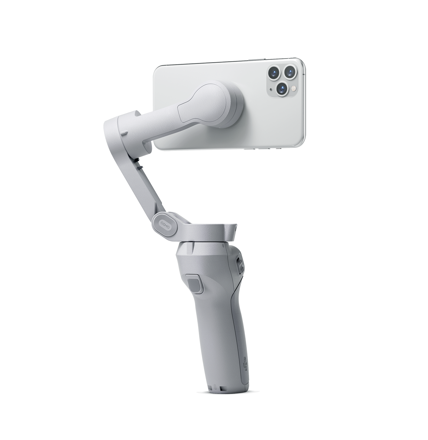 Ein grauer Handstabilisator mit befestigtem weißem Telefon, isoliert vor schwarzem Hintergrund.