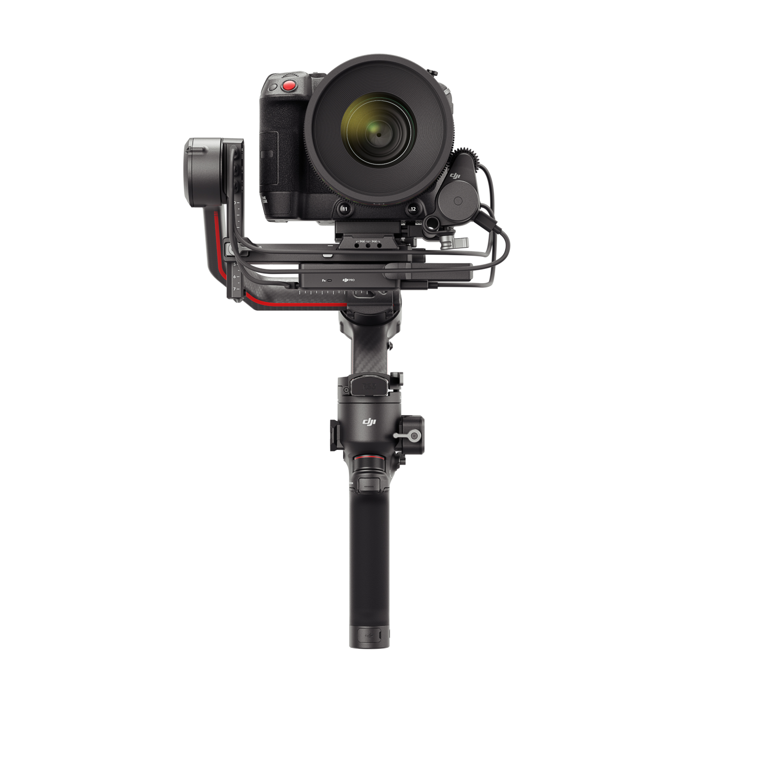 Kamera-Rig auf weißem Hintergrund. Eine Kamera ist auf einem Gimbal mit Griff montiert.