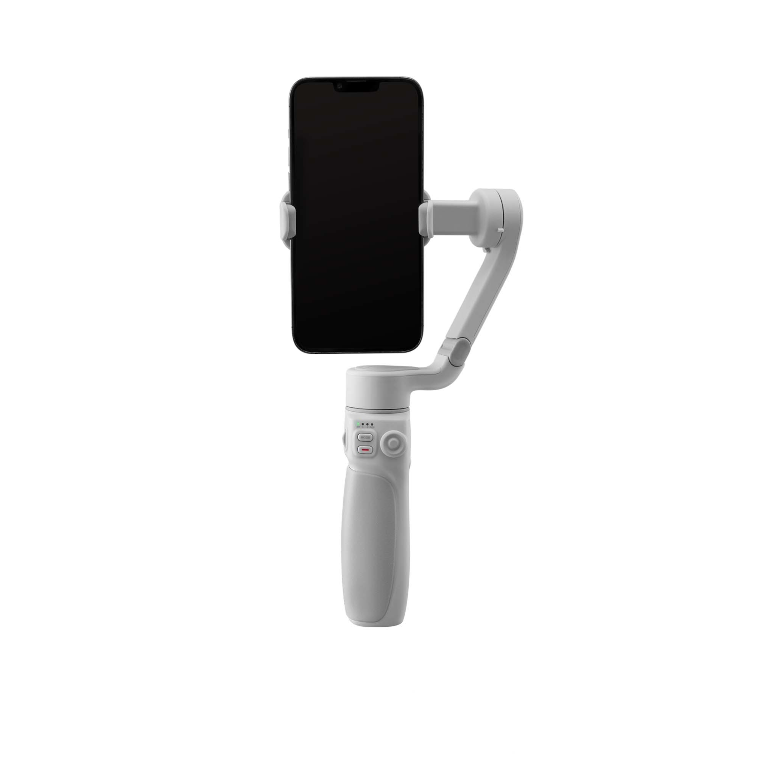 Un estabilizador de teléfono blanco y gris con un teléfono adjunto, sobre fondo blanco.