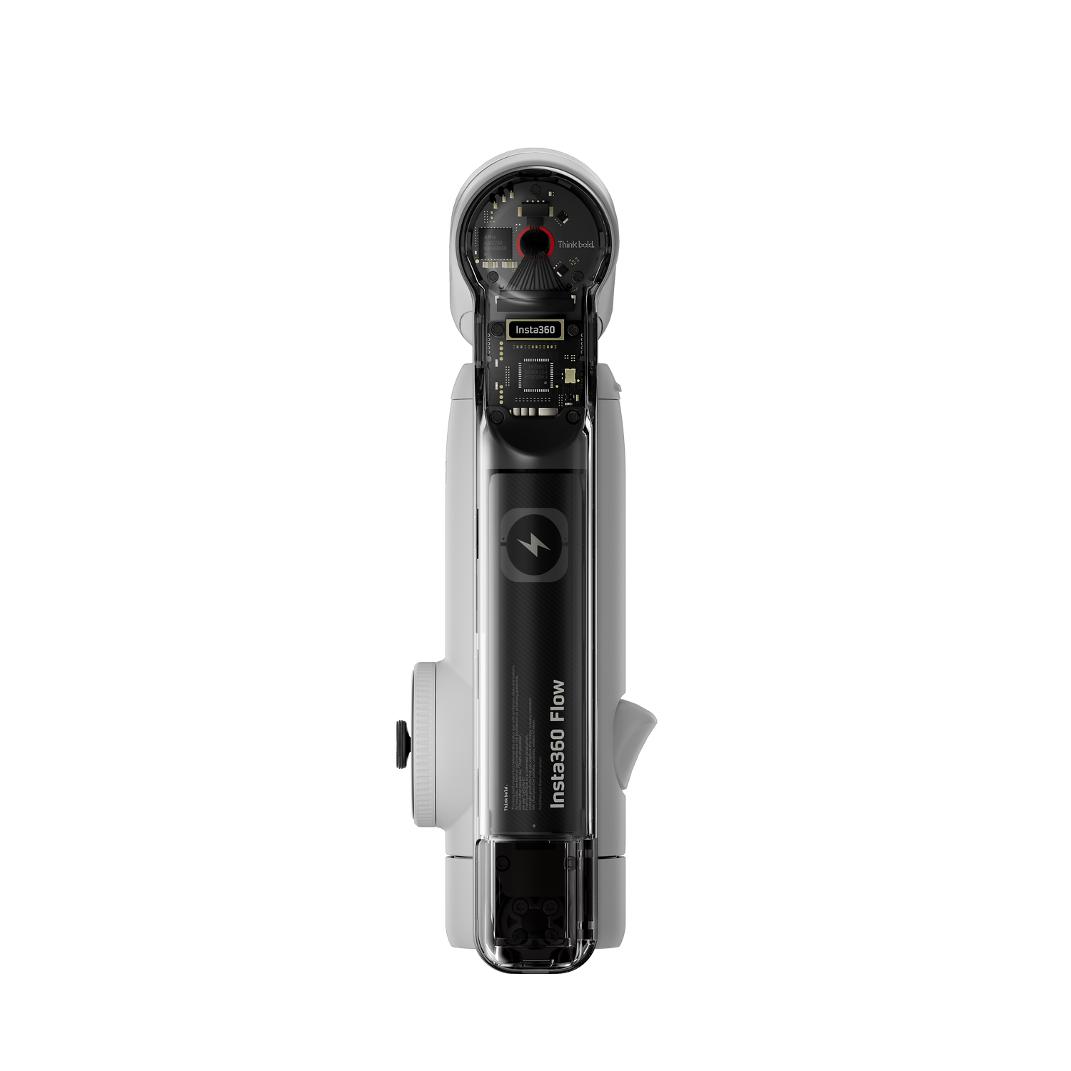 Pokazano urządzenie Insta360 Flow. Jest to biały, ręczny stabilizator z czarnymi akcentami.