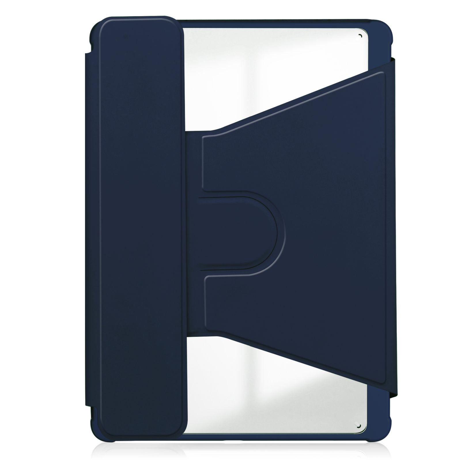 Dunkelblaue Brieftaschentasche für ein Tablet. Die Hülle ist offen und zeigt einen weißen Bildschirm.