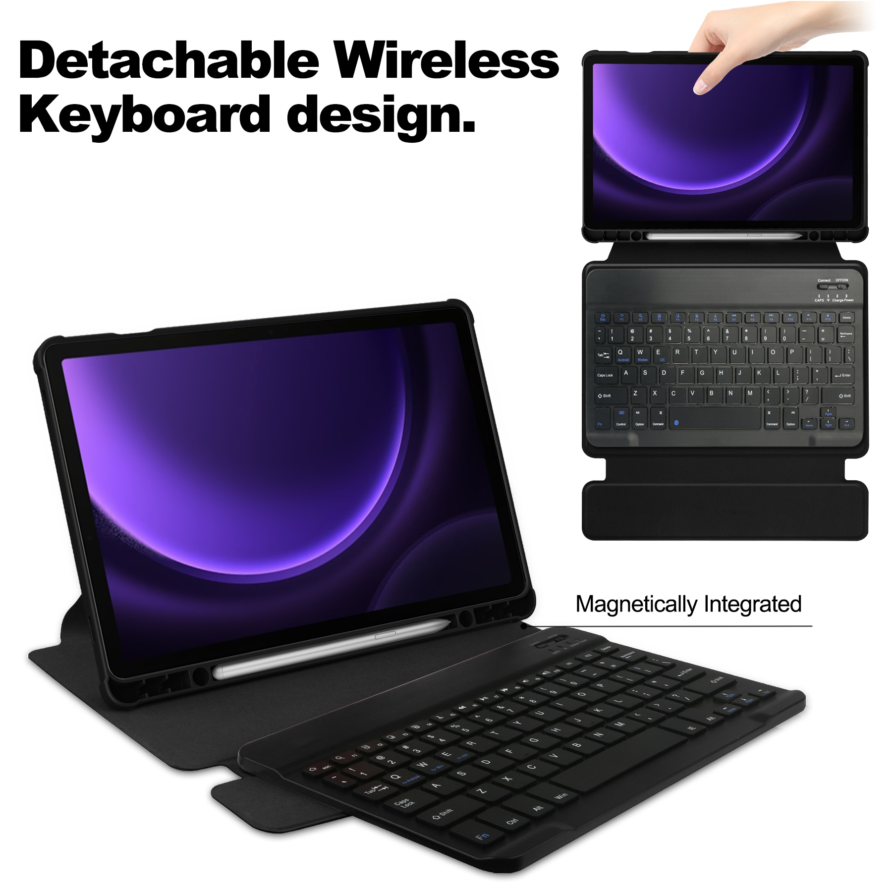 Ein Tablet mit abnehmbarer Tastatur. Das Tablet ist schwarz mit einer schwarzen Tastatur.