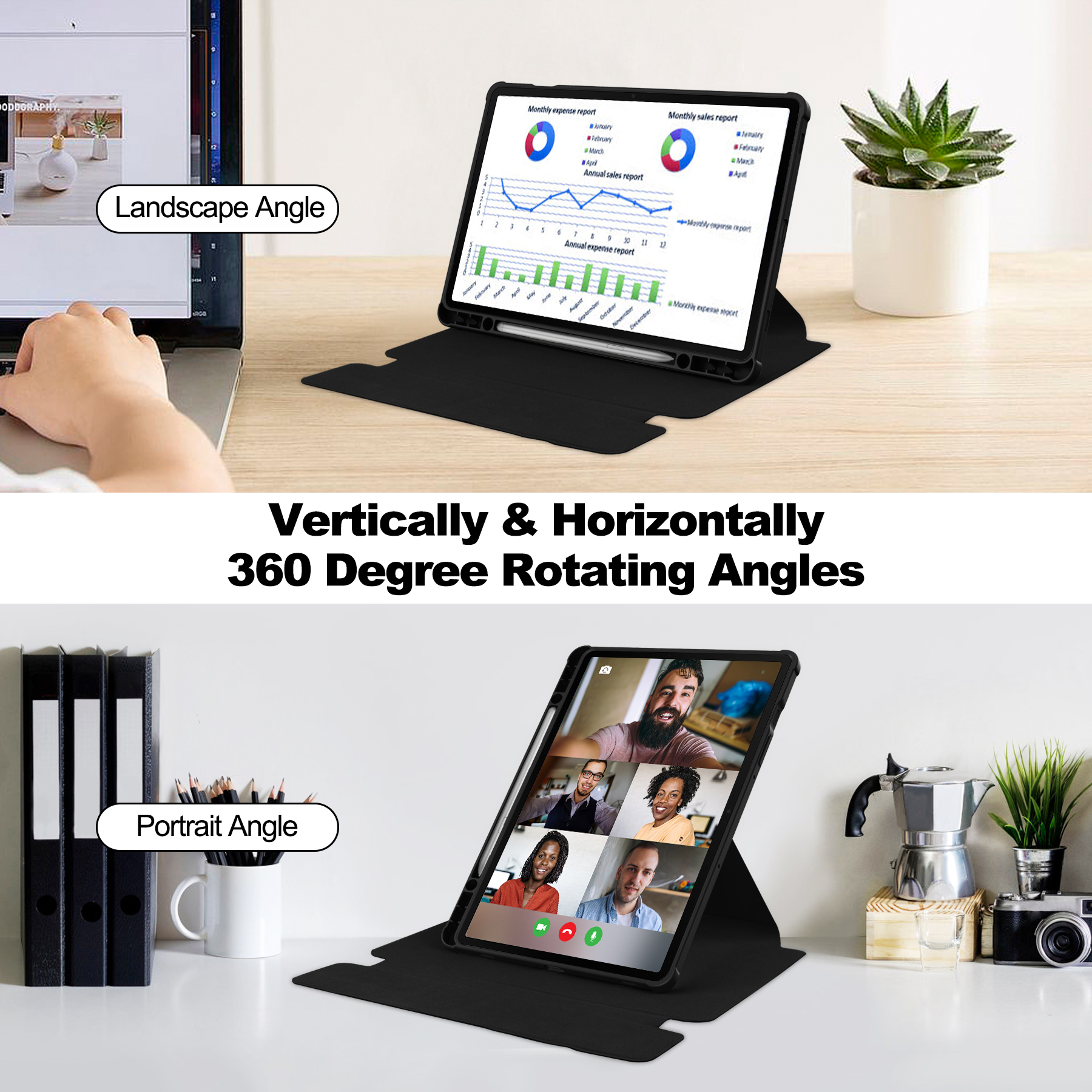 Zwei Bilder, die ein Tablet im Quer- und Hochformat zeigen. Das Tablet zeigt Daten- und Videoanrufbildschirme.