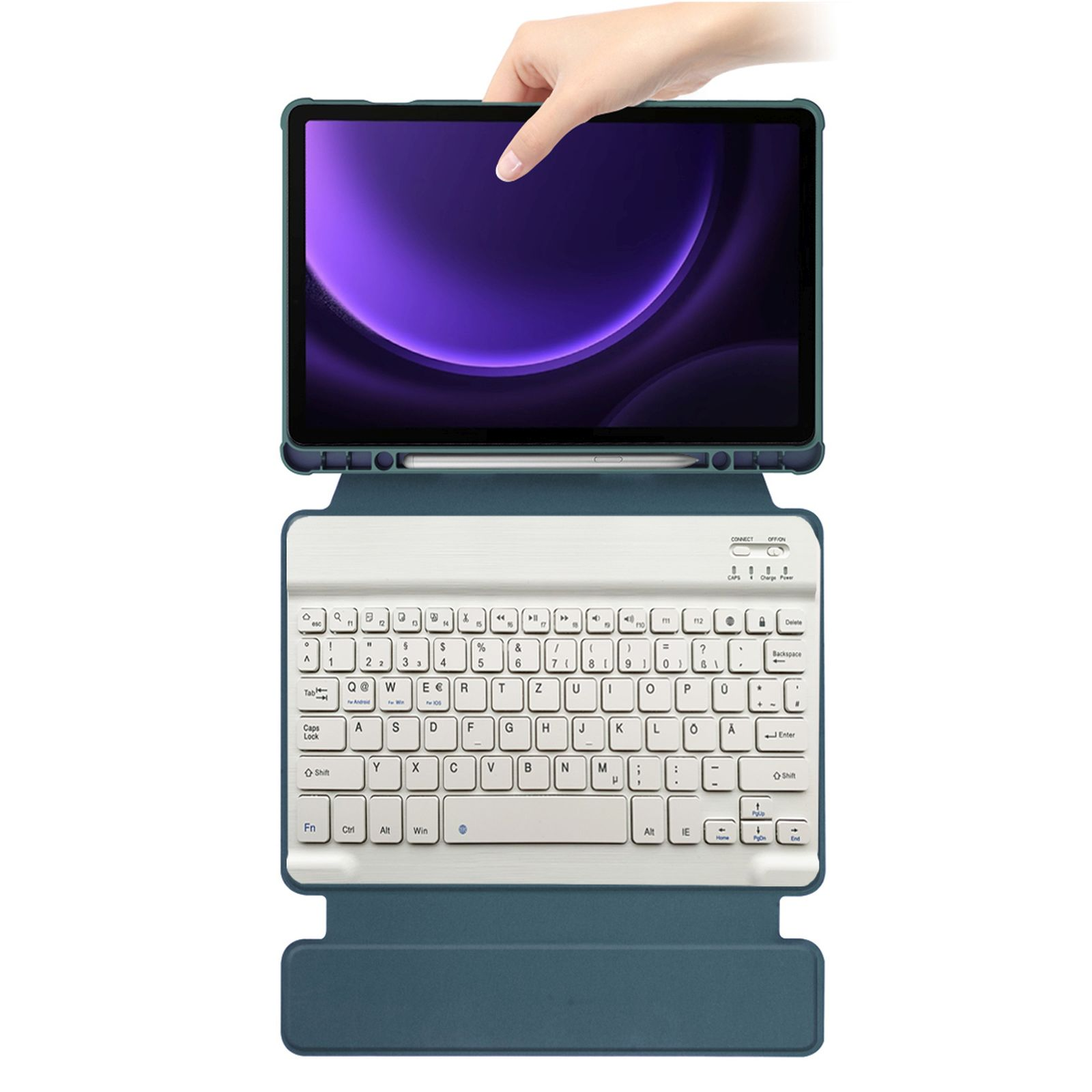 Tablet mit Tastaturhülle. Eine Hand hält das Tablet und zeigt den Bildschirm. Weiße Tasten.