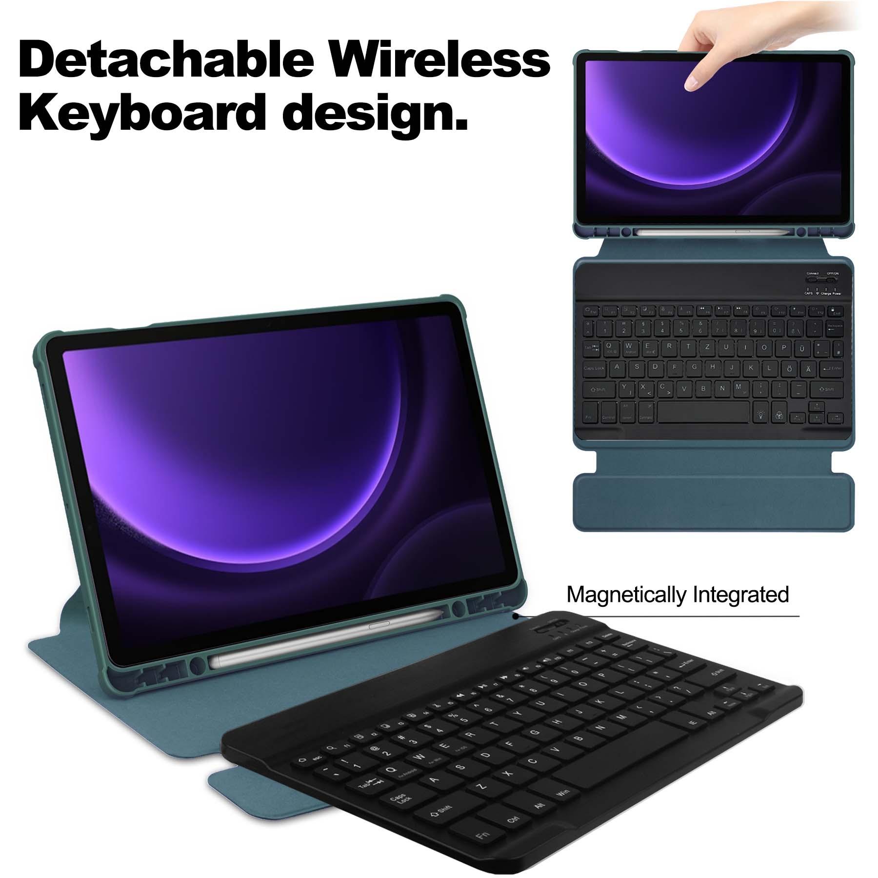 Abnehmbares kabelloses Tastatur-Set: Tablet in einem Gehäuse, separate Tastatur und das Tablet mit angeschlossener Tastatur.