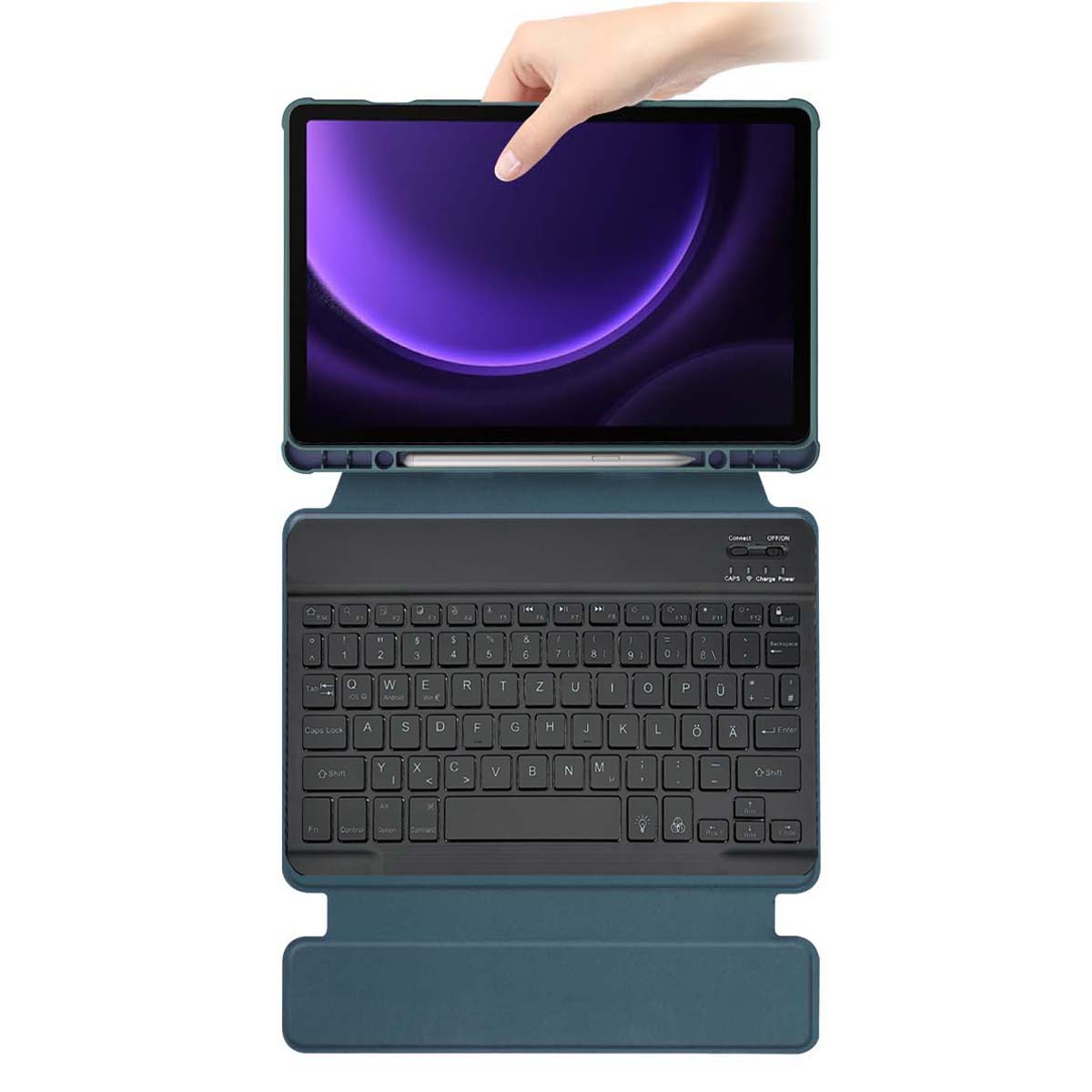 Tablet mit Tastaturhülle. Tablet zeigt eine violette Oberfläche. Hand hält Tablet.