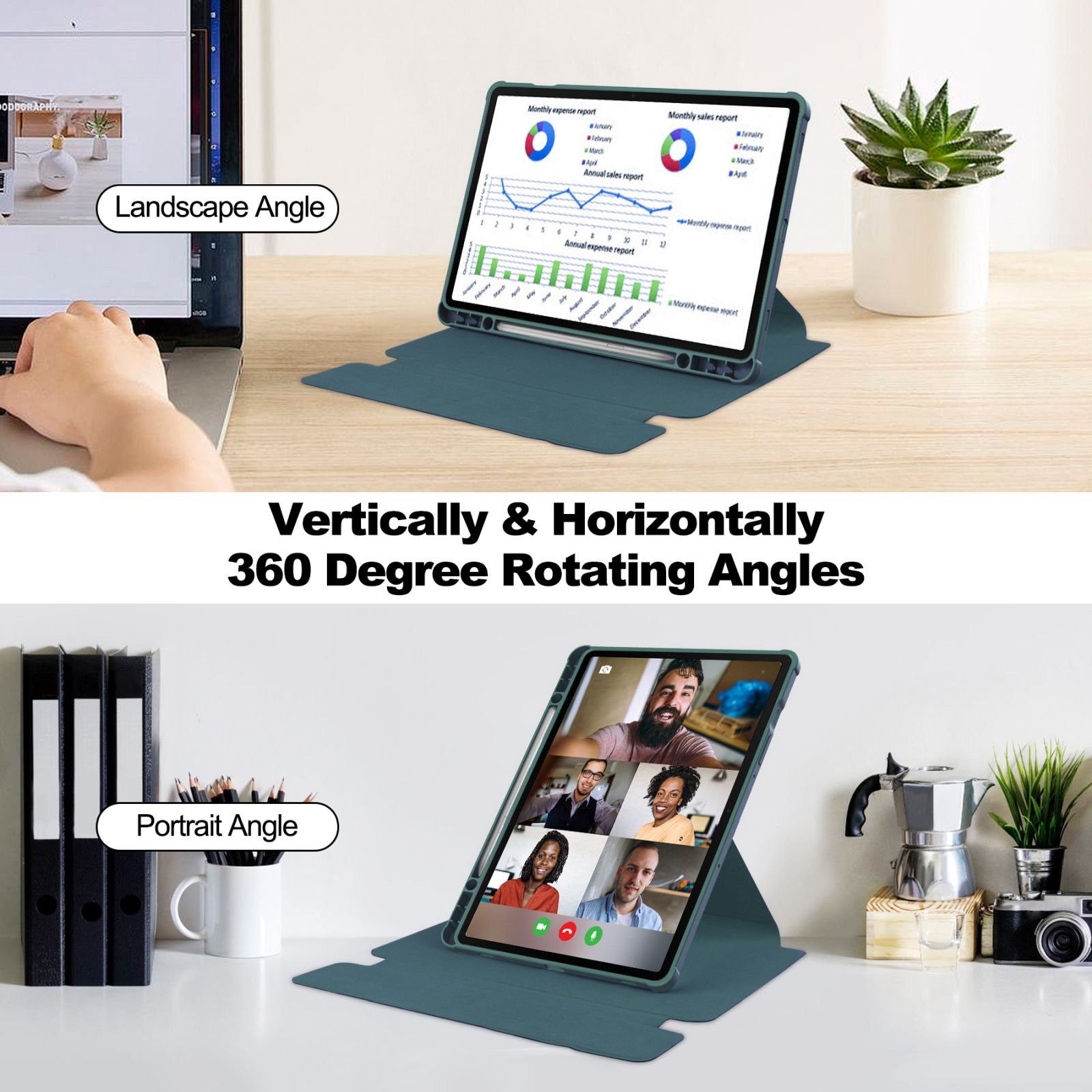 Tablet in Hülle, vertikal und horizontal gezeigt, und Laptop.