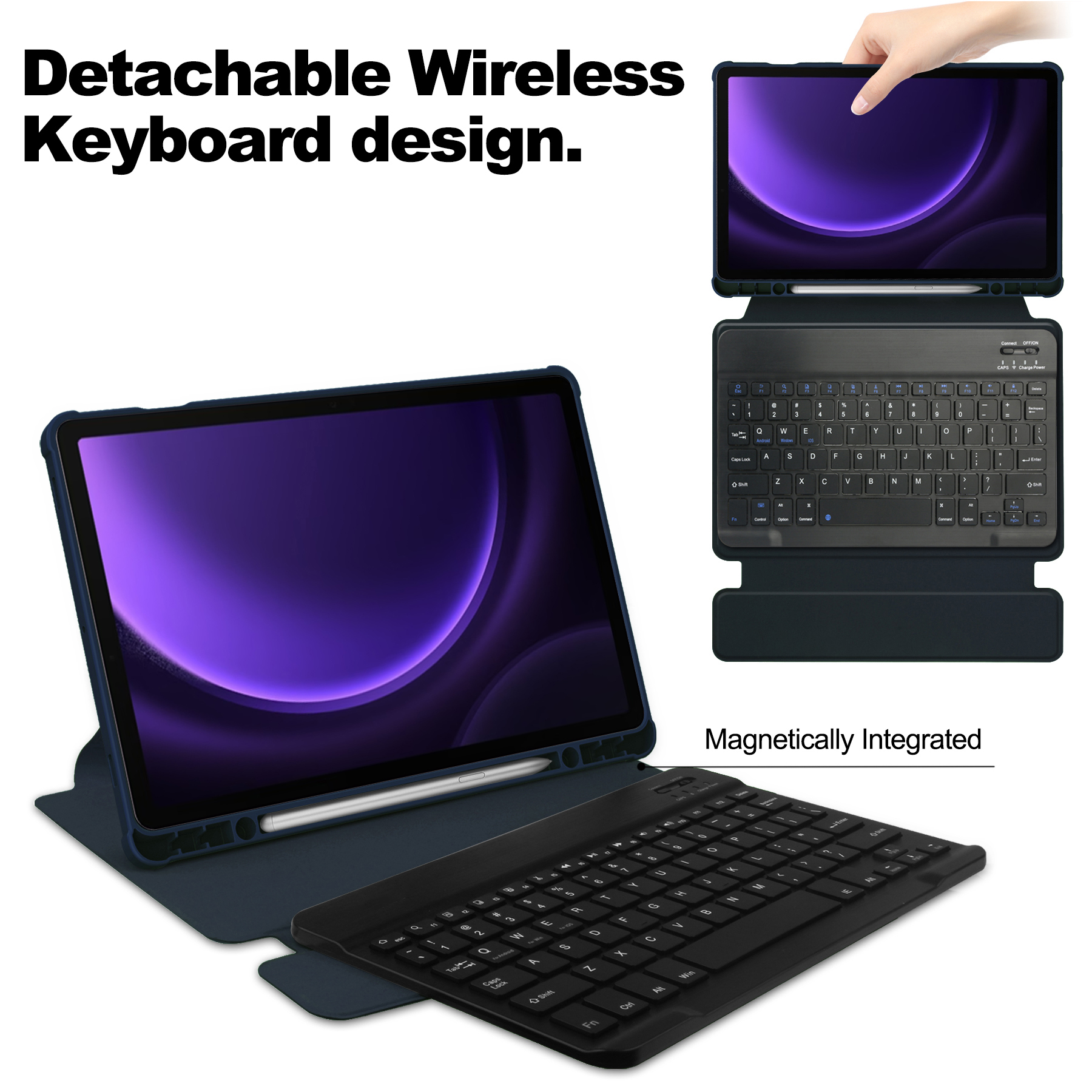 Eine schwarze Tastatur und ein Tablet mit lila Hintergrund und Stift. Es lautet 'Abnehmbare kabellose Tastatur'.