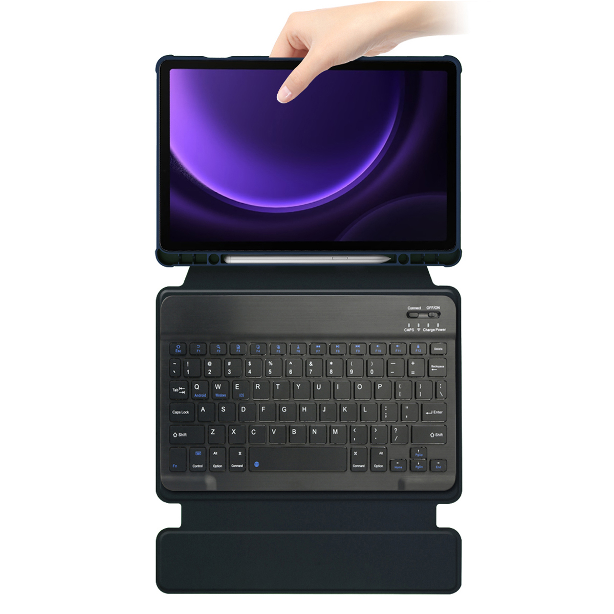 Tablet mit Tastatur und Stift, gehalten von einer Hand. Das Tablet zeigt einen lila Bildschirm.