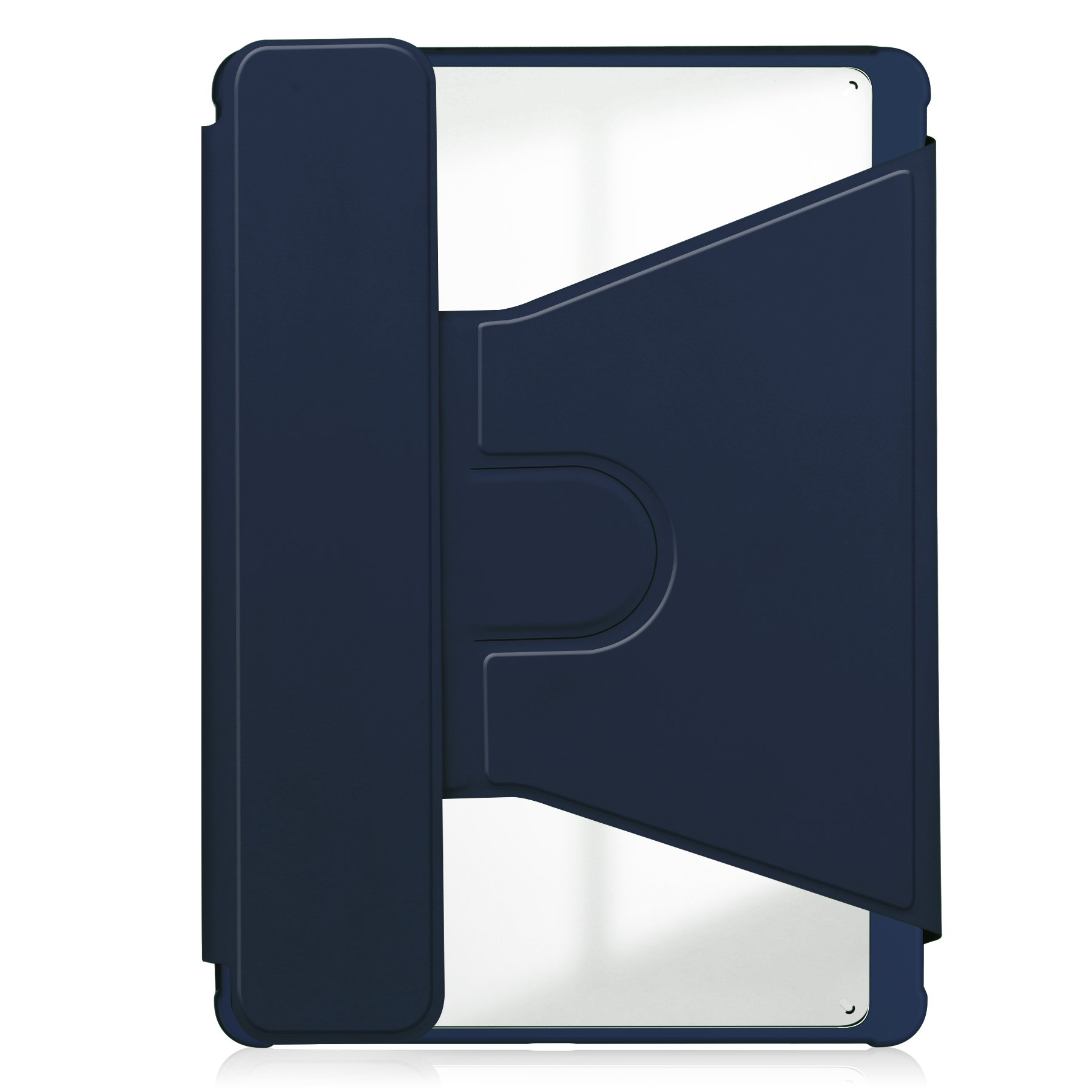 Marineblaue, brieftaschenartige Hülle. Sie ist rechteckig, mit einer Klappe, die sich öffnet, um das Innere zu zeigen.