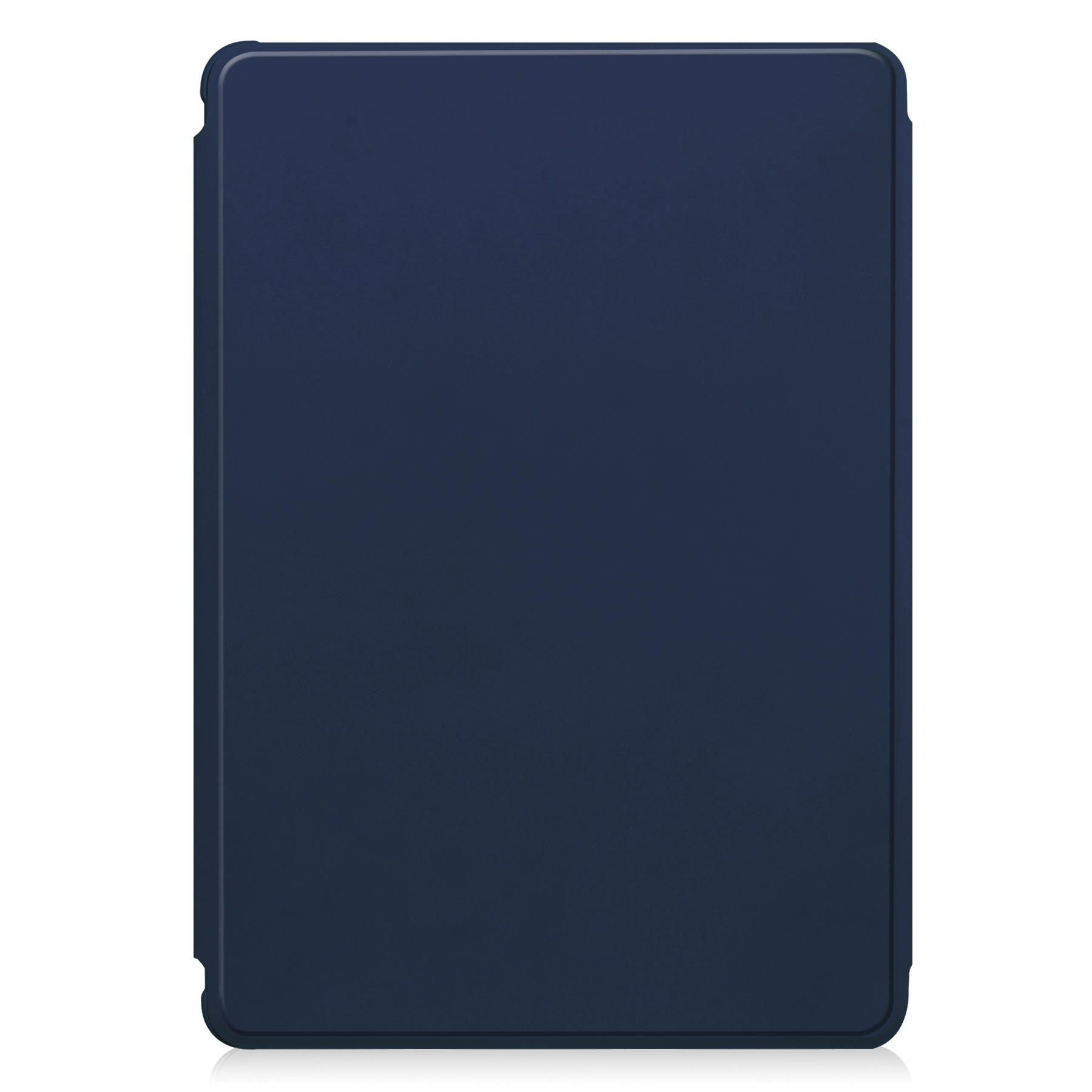 Dunkelblaue Tablet-Hülle auf weißem Hintergrund, flach liegend.