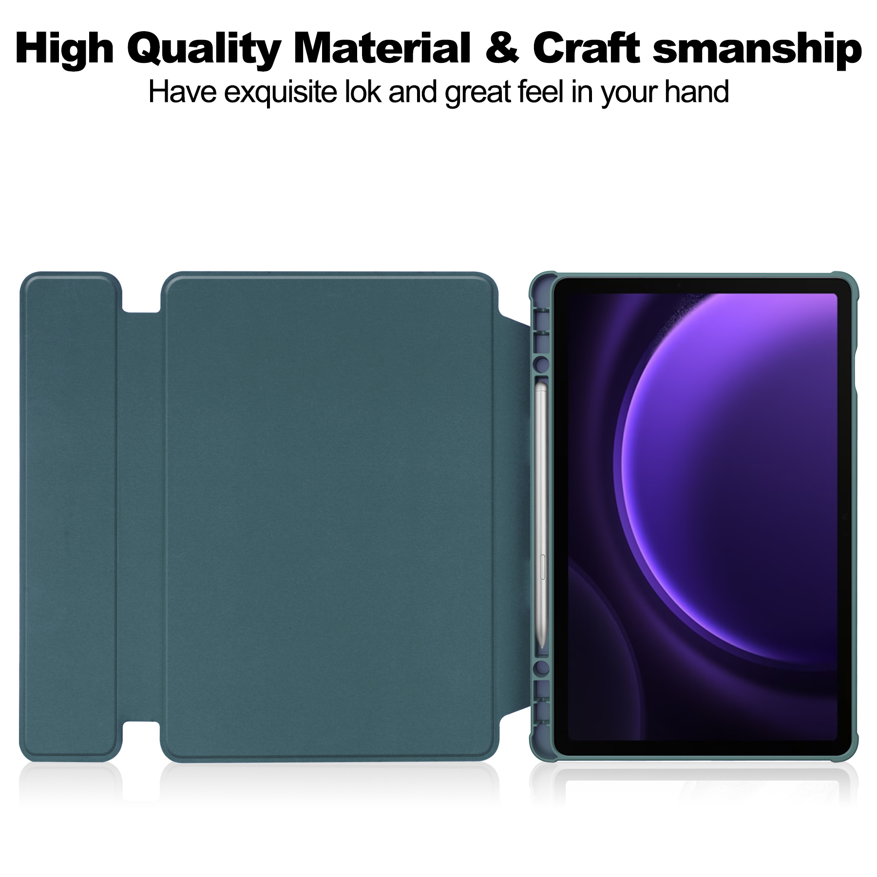 Tablet in einer teal-farbenen Hülle mit Stift. Text: "Hochwertiges Material & Verarbeitung."