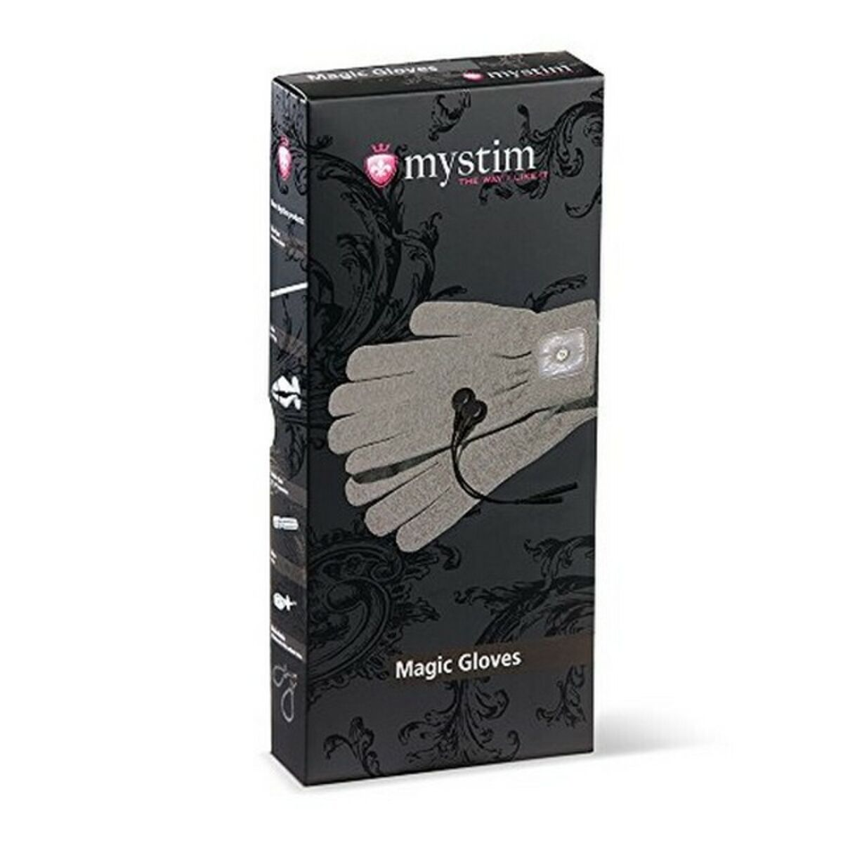 Caja negra de guantes mágicos mystim. Los guantes son grises.