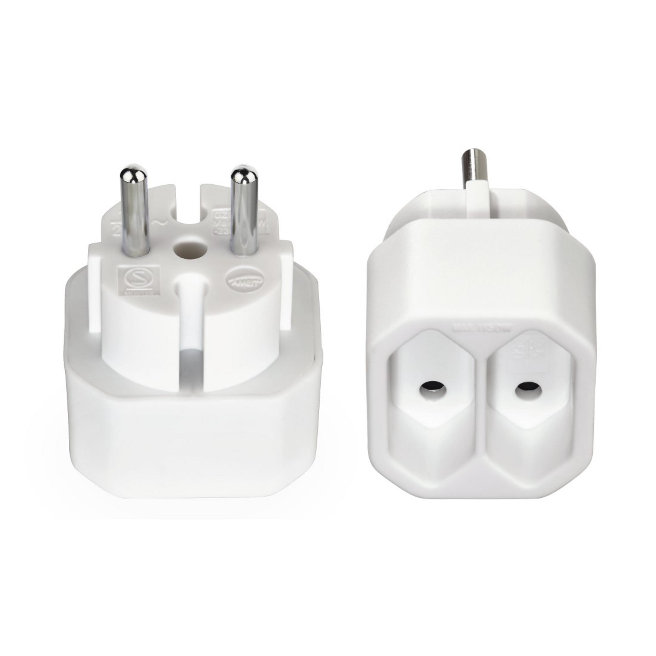 Zwei weiße elektrische Adapter. Der rechte hat zwei Steckdosen.