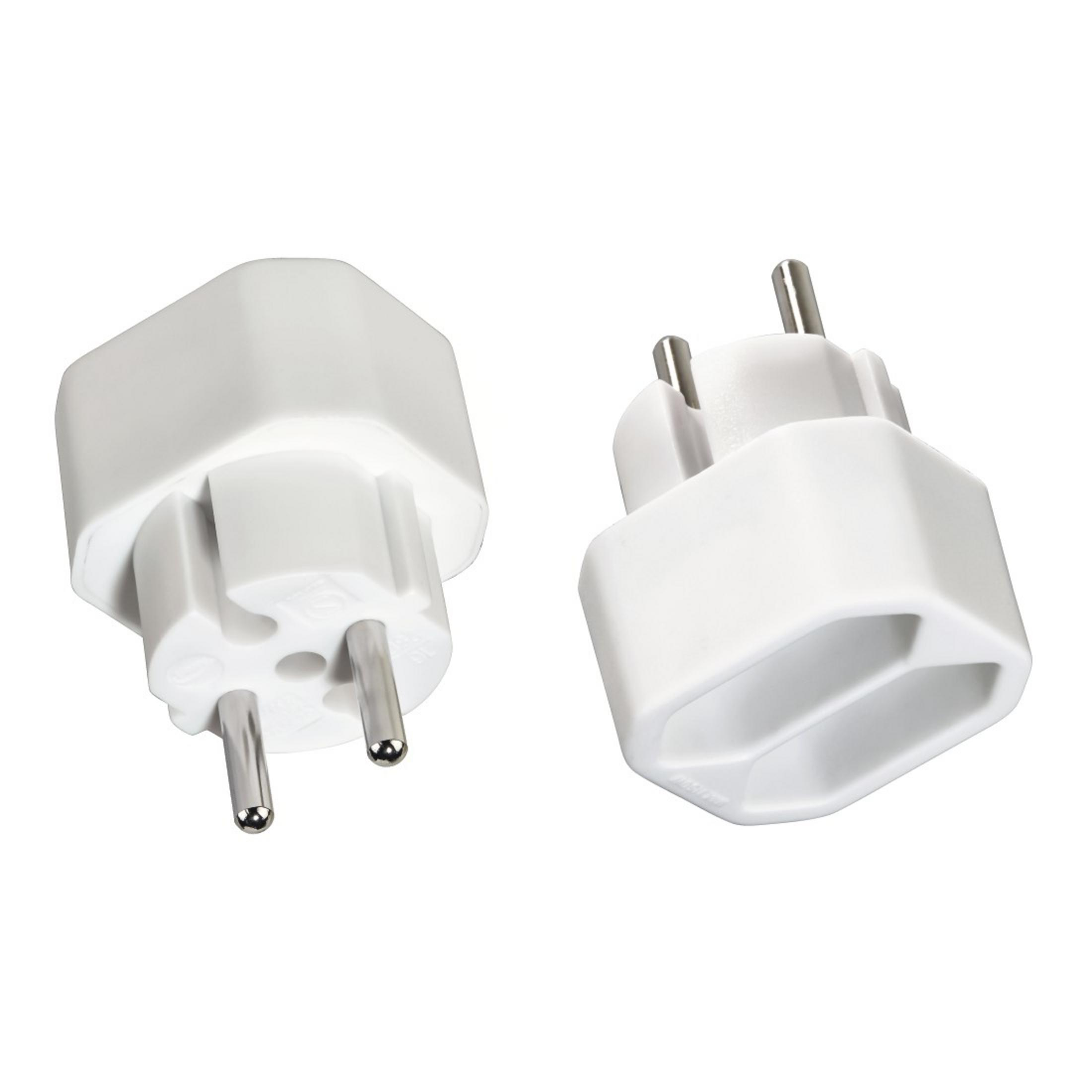 Zwei weiße europäische Netzadapter mit einem dreipoligen Stecker.
