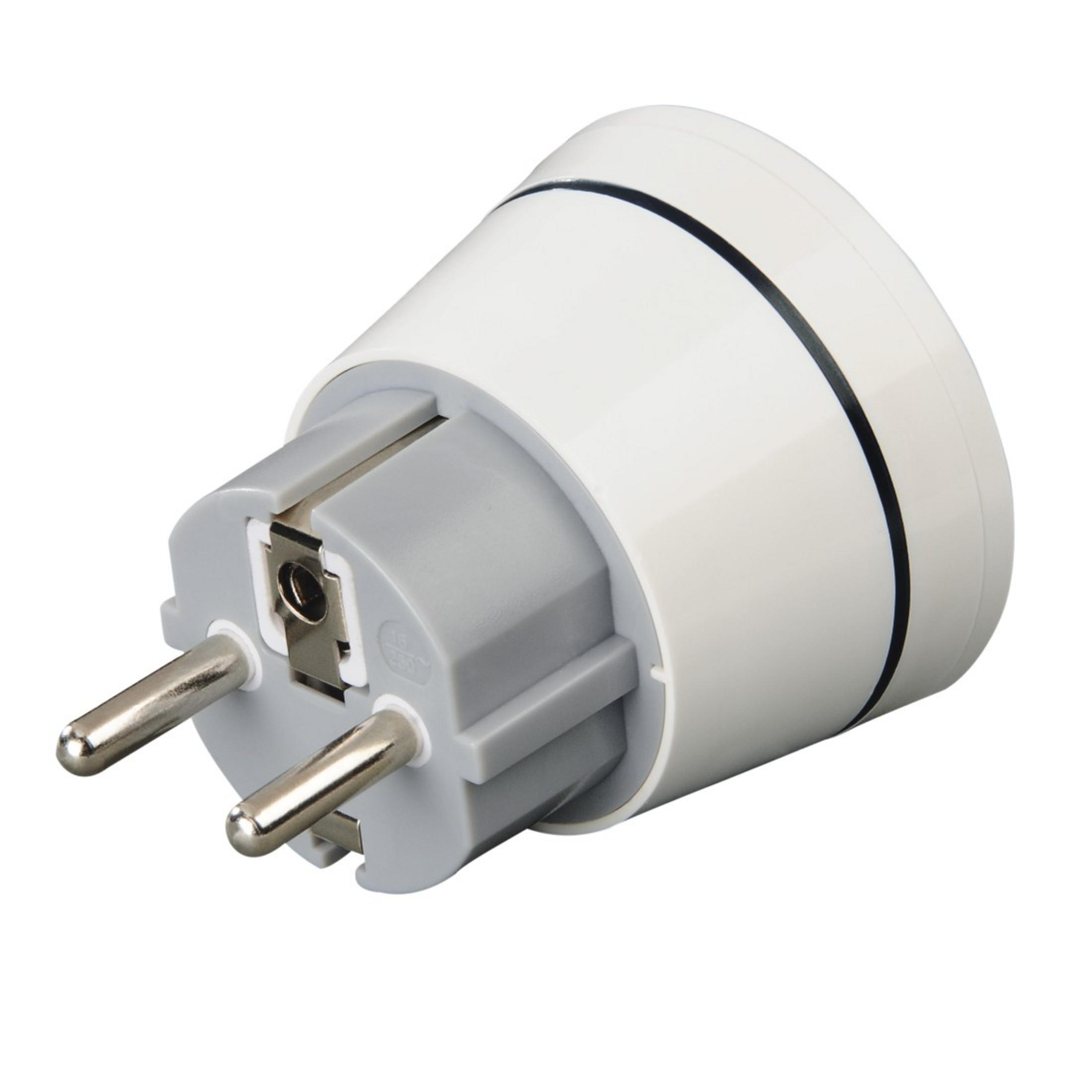 Ein weiß-grauer Netzadapter mit zwei Stiften und grauem Sockel, isoliert auf Weiß.