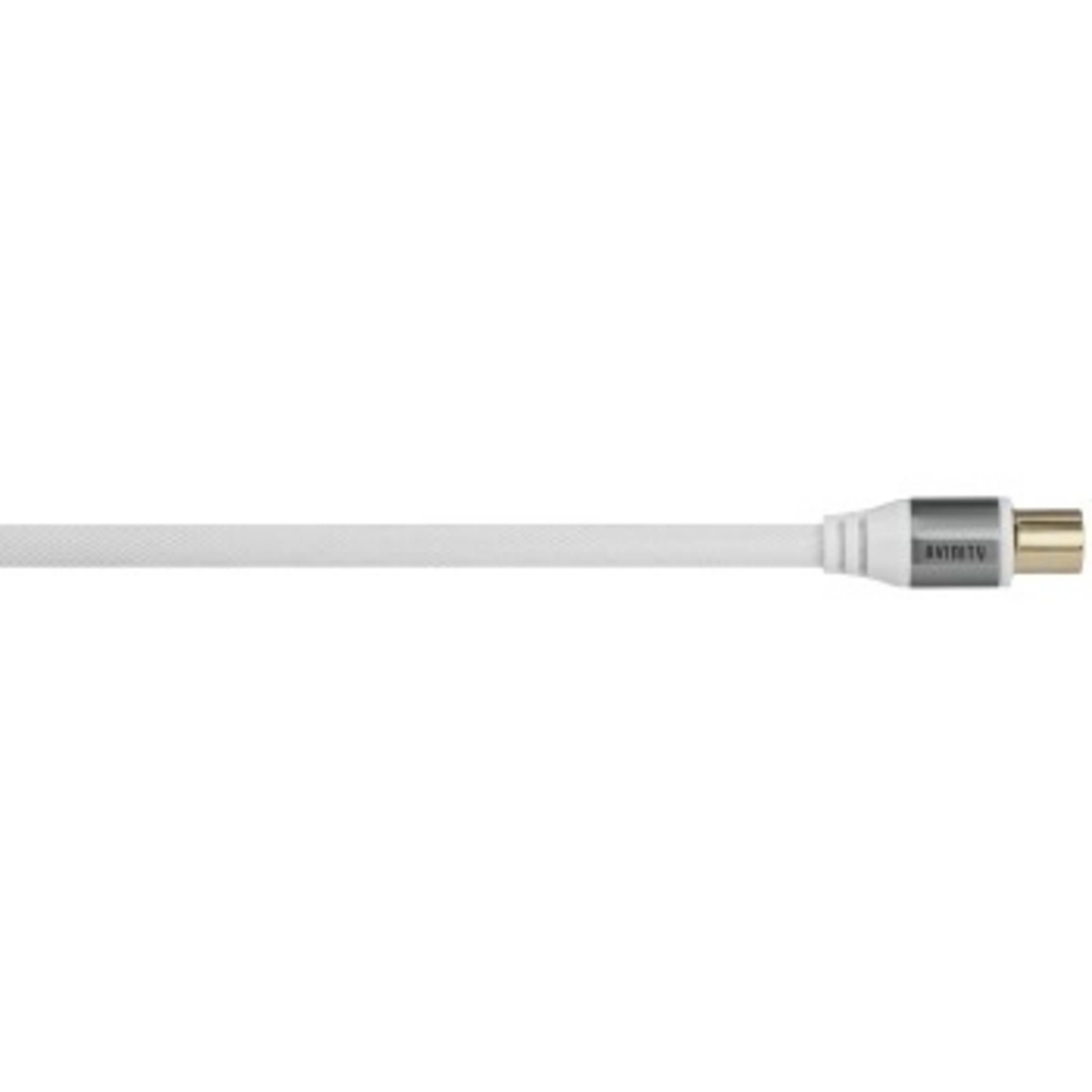 Ein weißes Koaxialkabel mit metallischen Steckern auf weißem Hintergrund. Es ist ein einzelnes Kabel.