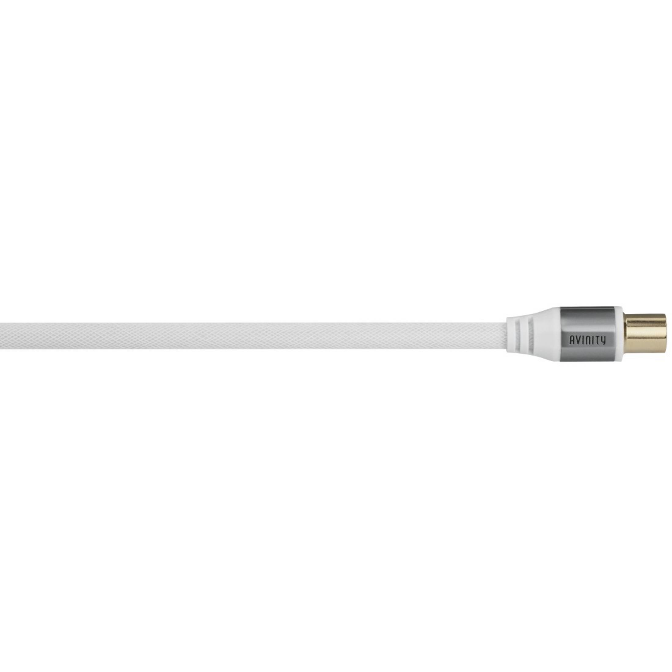 Ein weißes AV-Kabel mit goldfarbenem Stecker auf weißem Hintergrund.