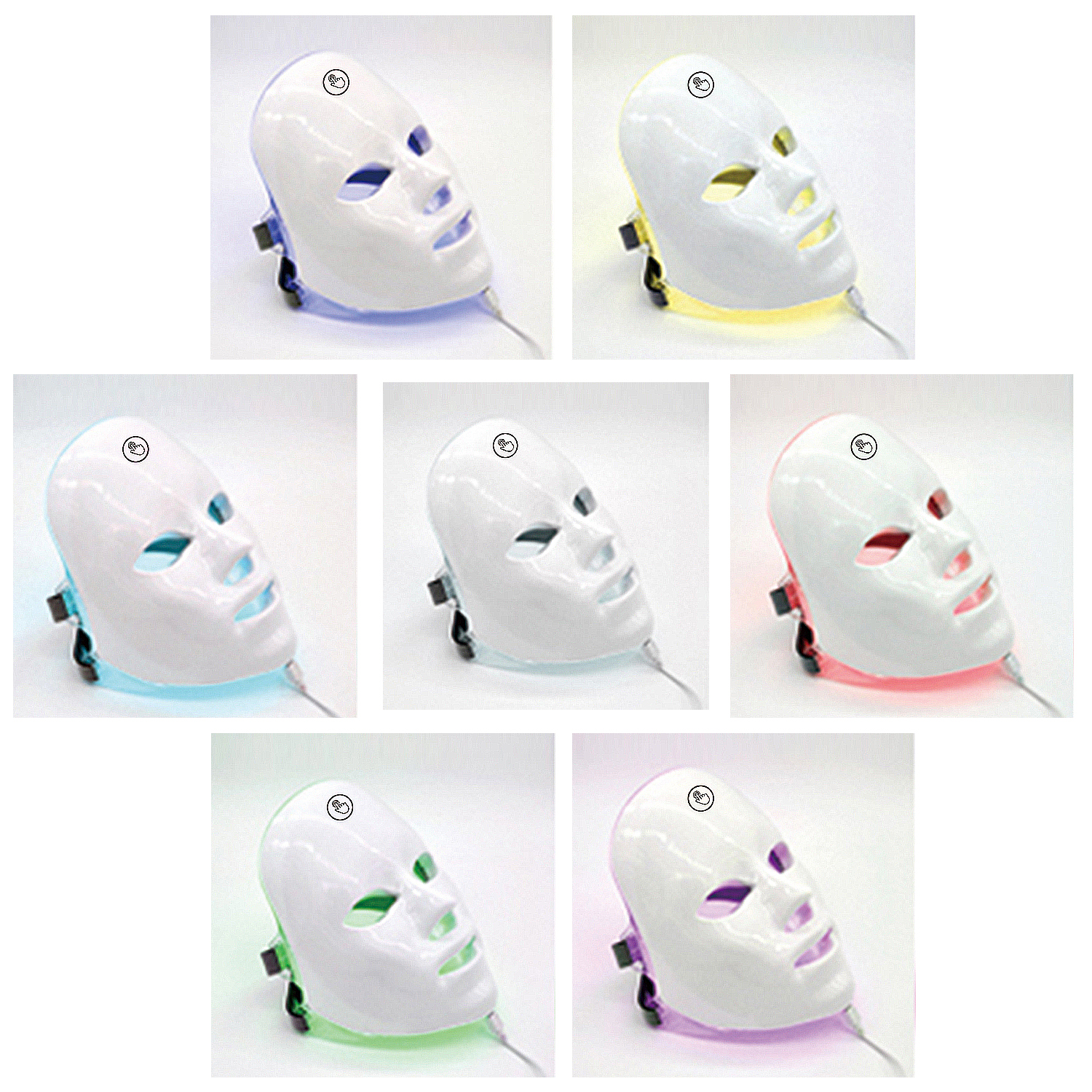 Sette maschere facciali a LED con luci di diversi colori, che mostrano vari trattamenti e terapie per la pelle.