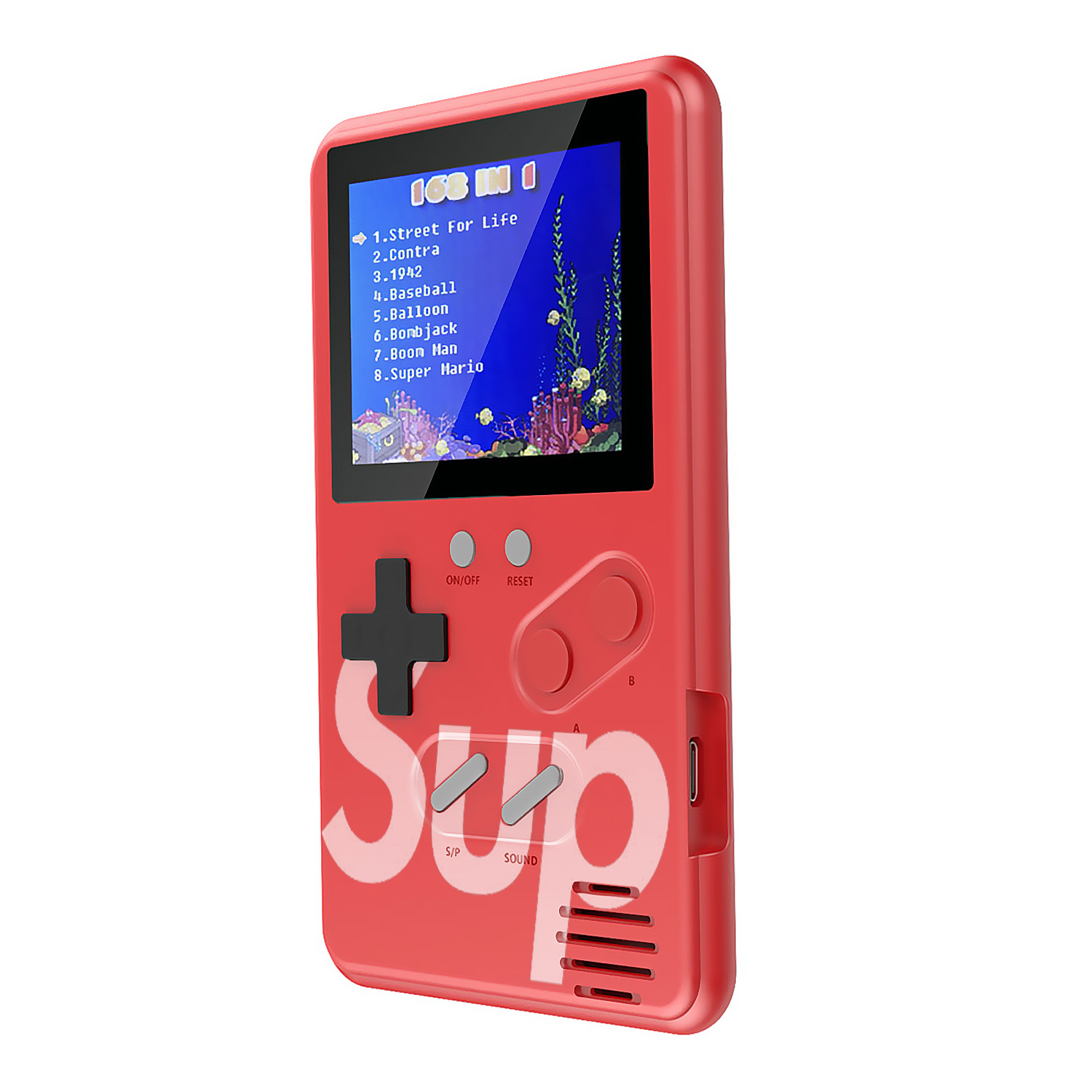 Una consola de juegos portátil roja con una pantalla que muestra un menú de juegos retro.