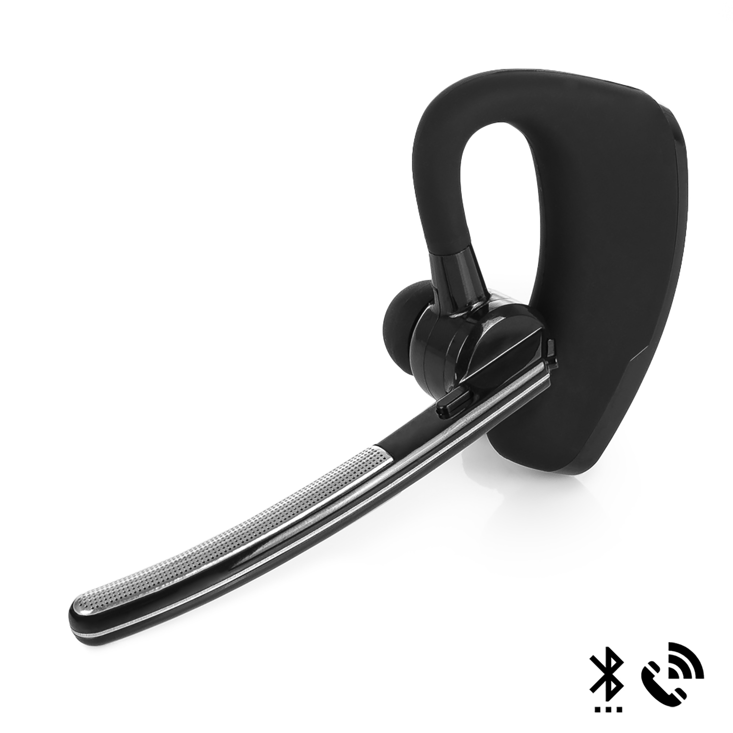 Un auricolare Bluetooth nero con un altoparlante argentato e un'icona Bluetooth e chiamata.