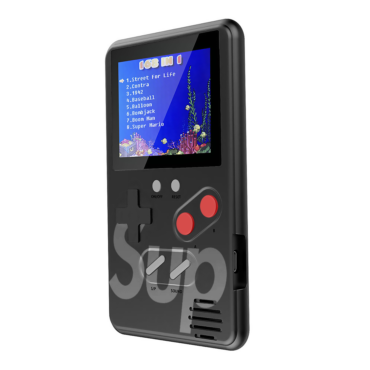 Consola de juegos portátil retro negra. Muestra un menú de juegos. Logo SUP.