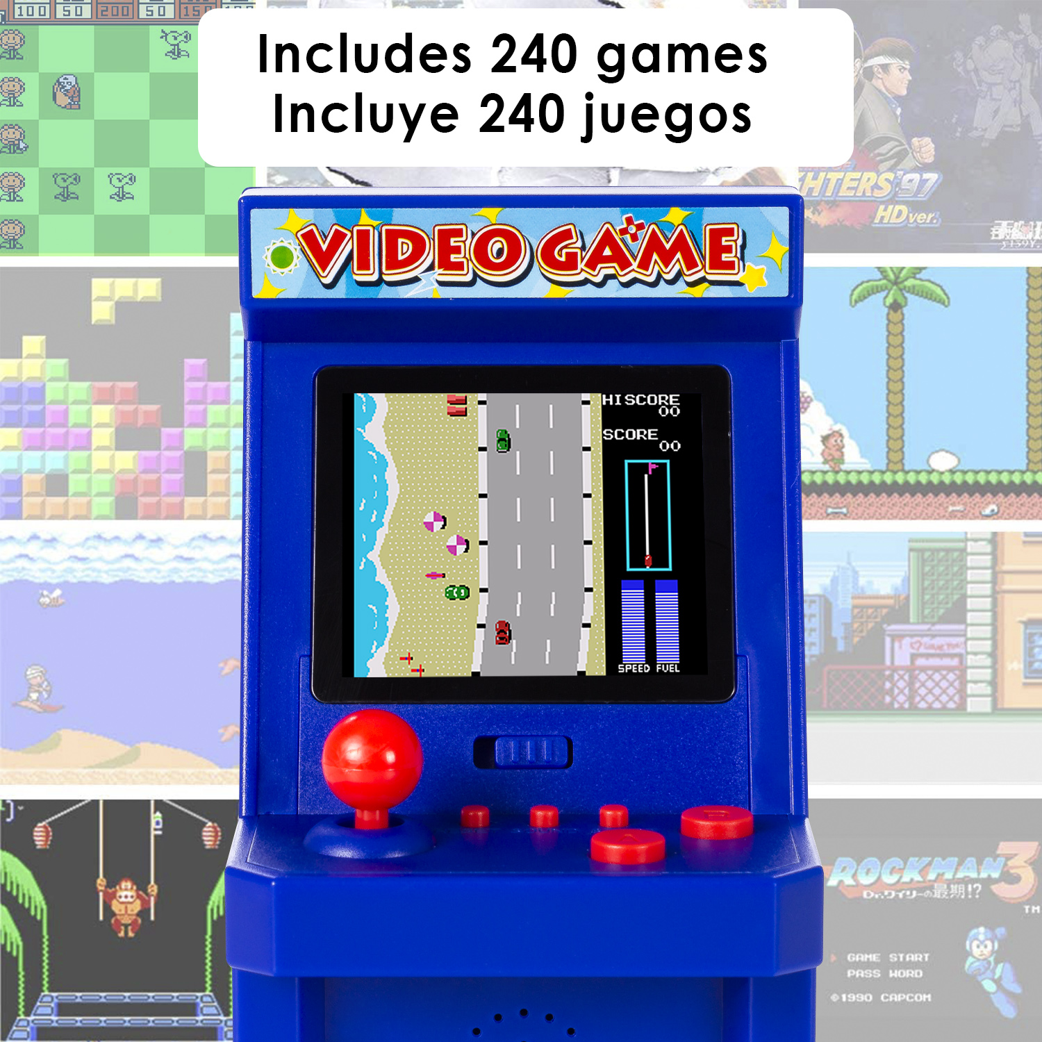 Una máquina recreativa retro azul con una pantalla que muestra un juego. Incluye un joystick y botones.